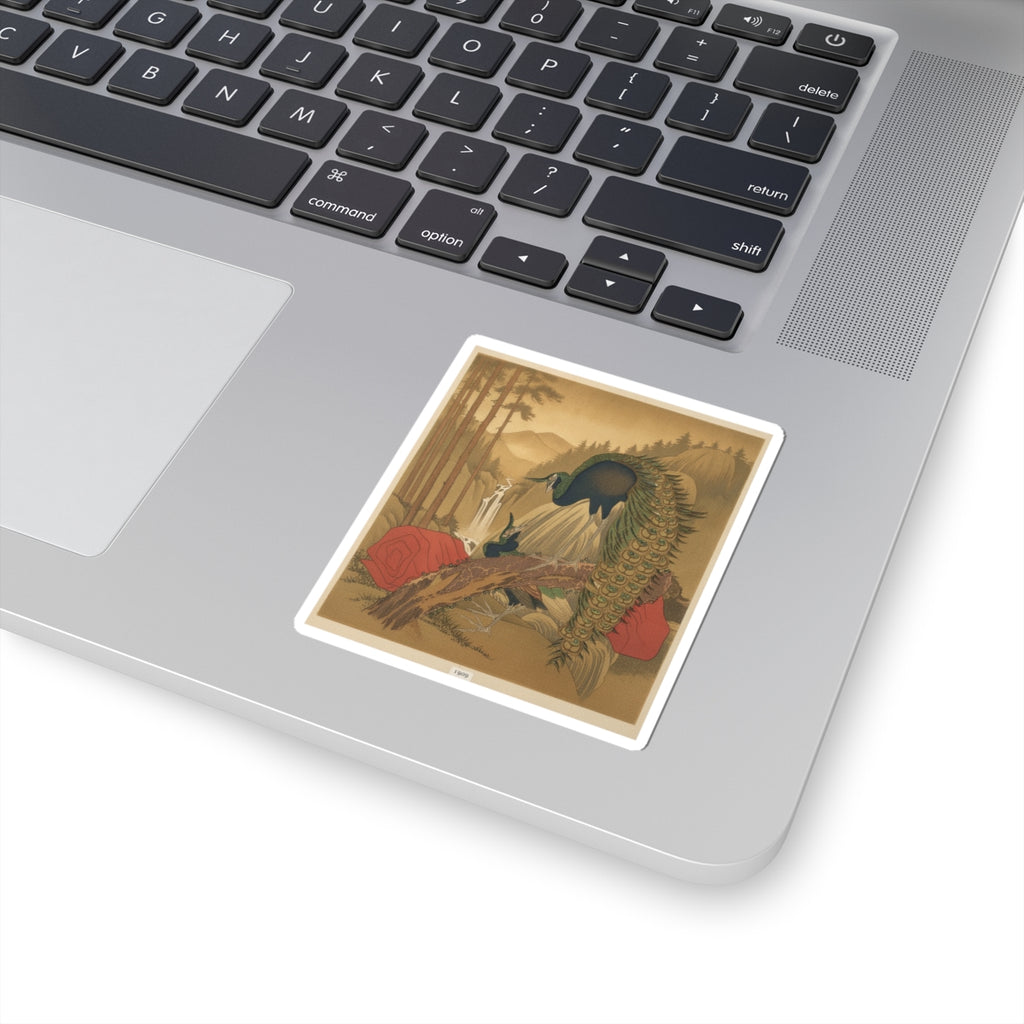 Scenic Nature — Painting Of Peacocks, Pines, A Waterfall, And A Roll Of Red Fabric — Kiss-Cut Sticker