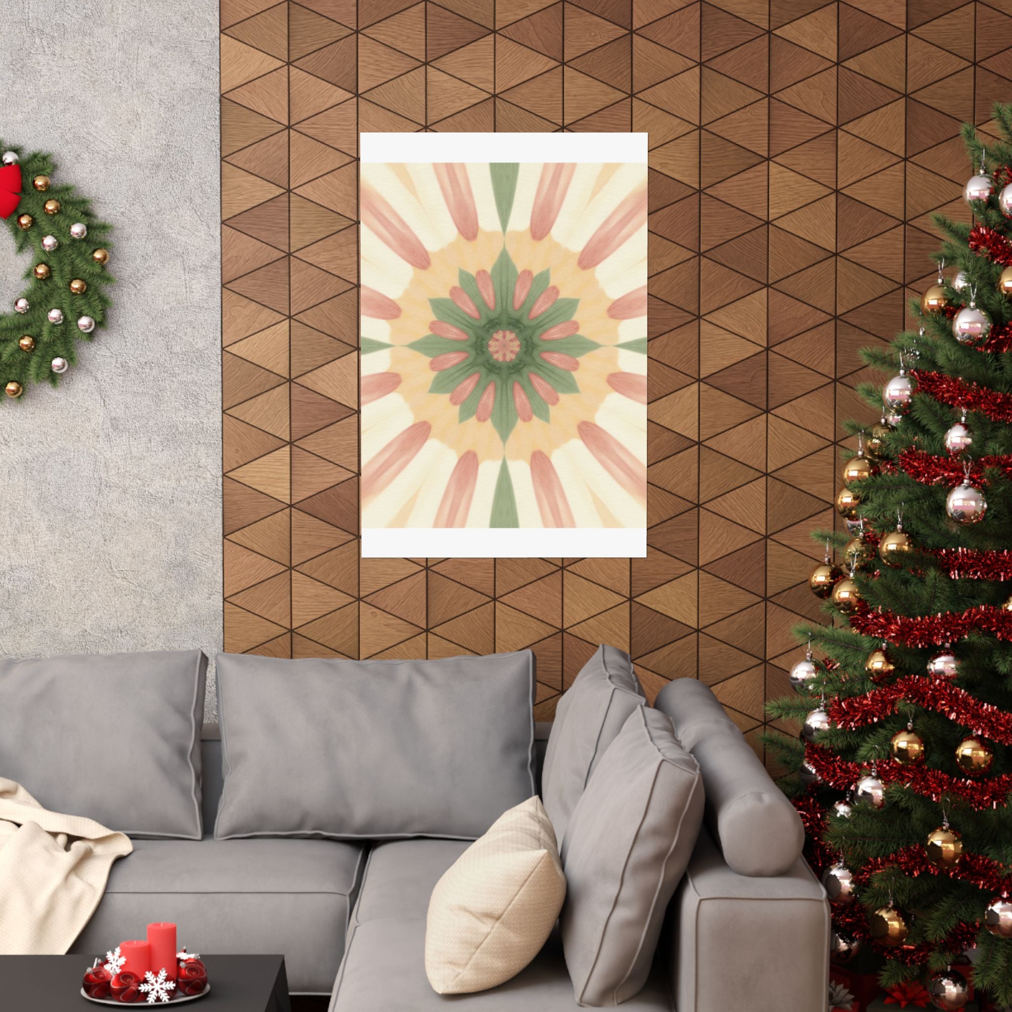 Peach and Sage Floral Kaleidoscope Mandala Poster