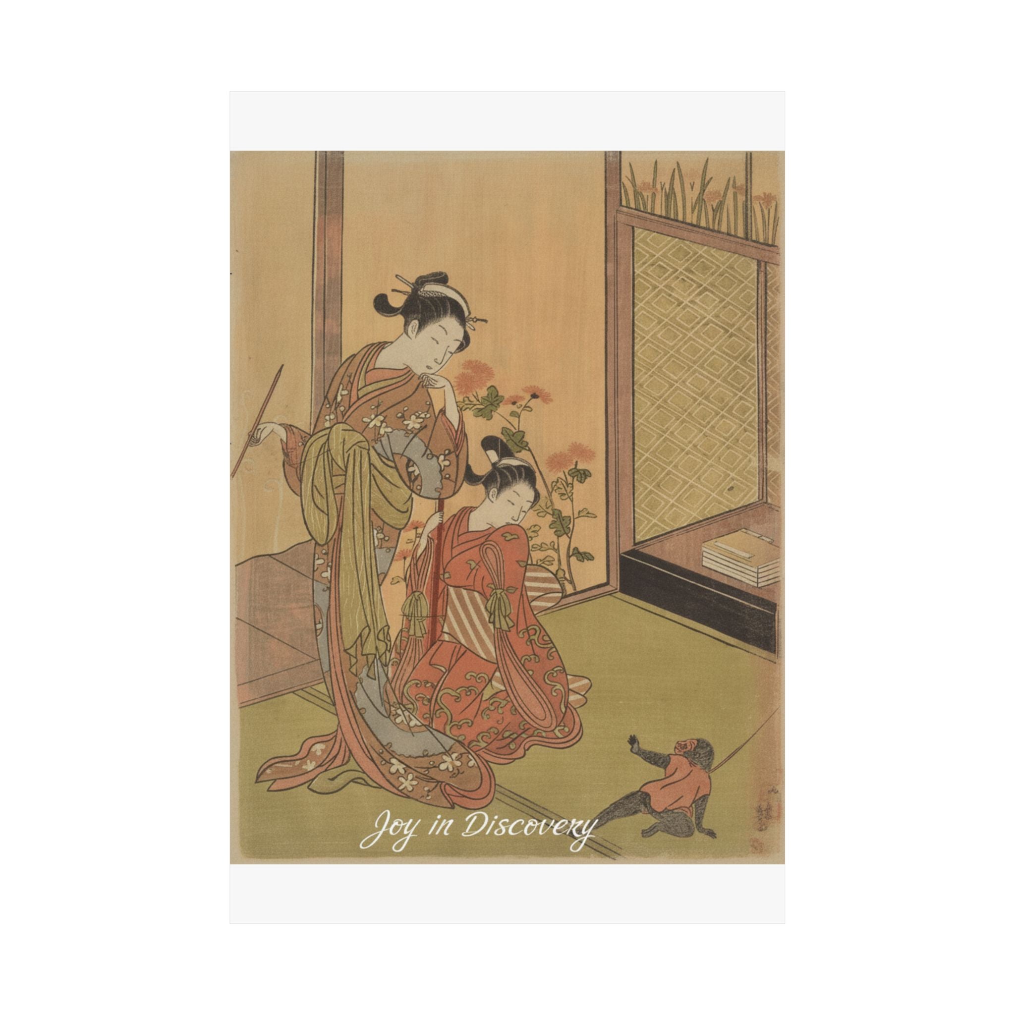 Affirmation — Two Girls Looking At A Monkey On A Leash — Matte Poster