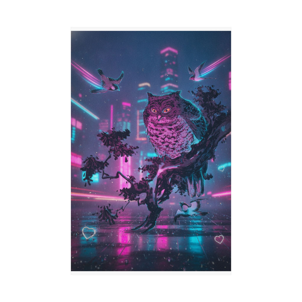 Neon Noir — Owl And Two Swallows — Matte Poster