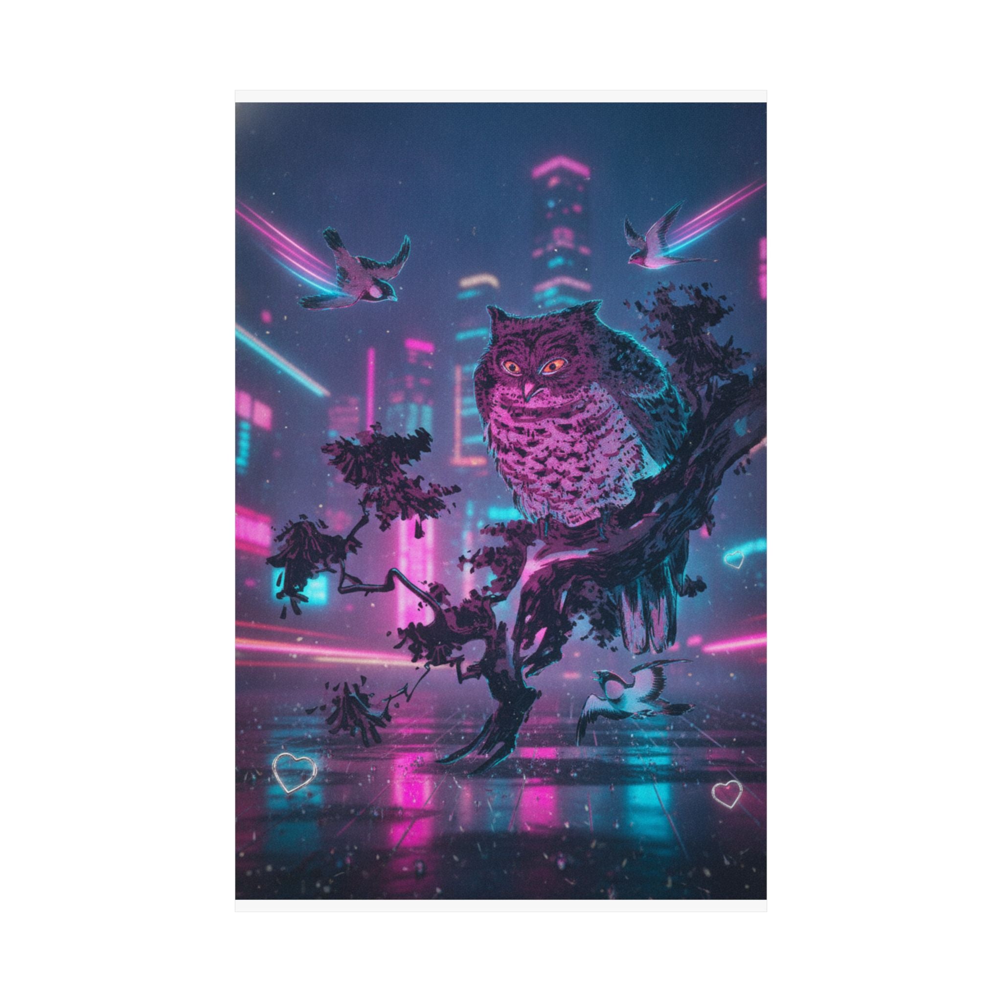 Neon Noir — Owl And Two Swallows — Matte Poster