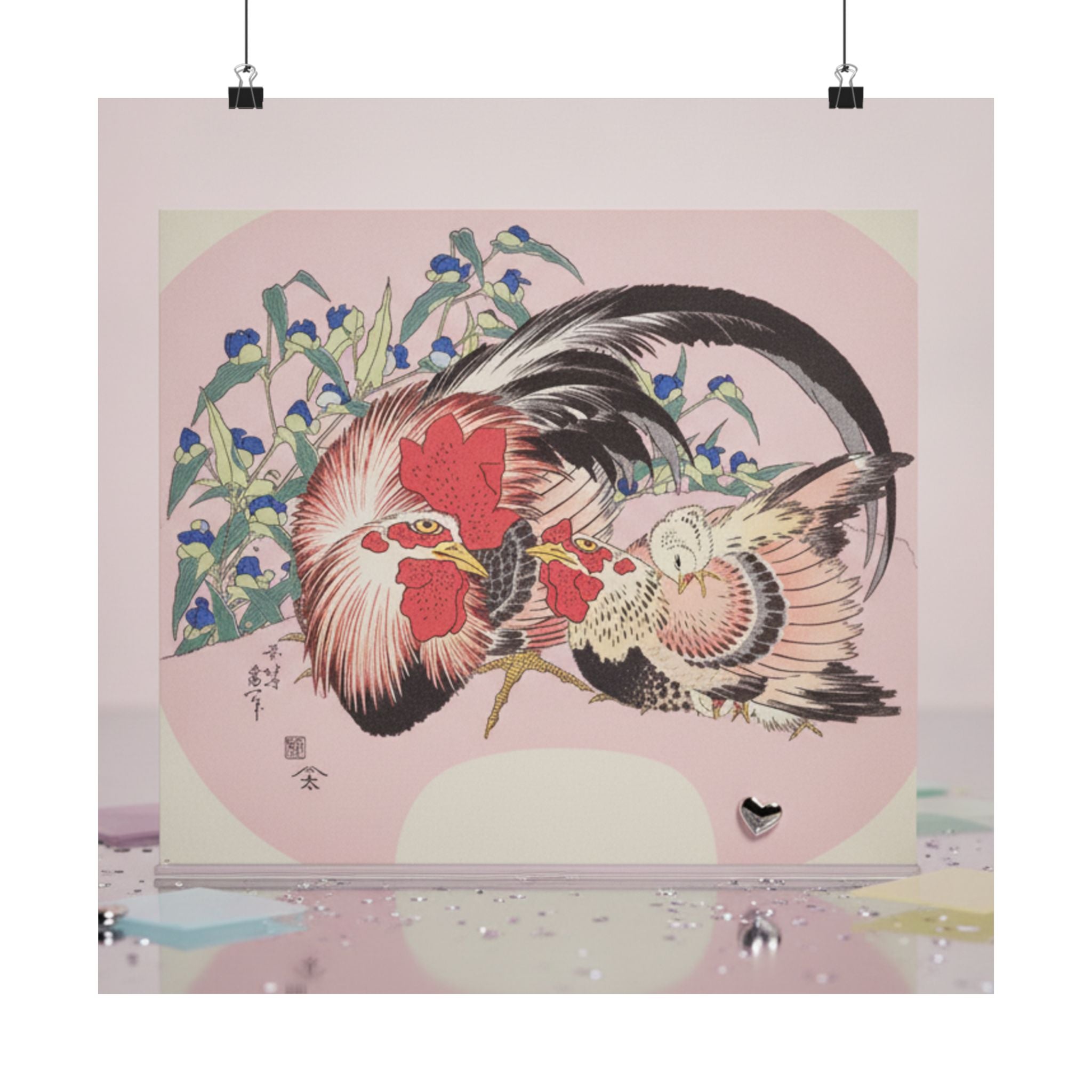 Product Marketing — Rooster, Hen And Chicken With Spiderwort — Matte Poster
