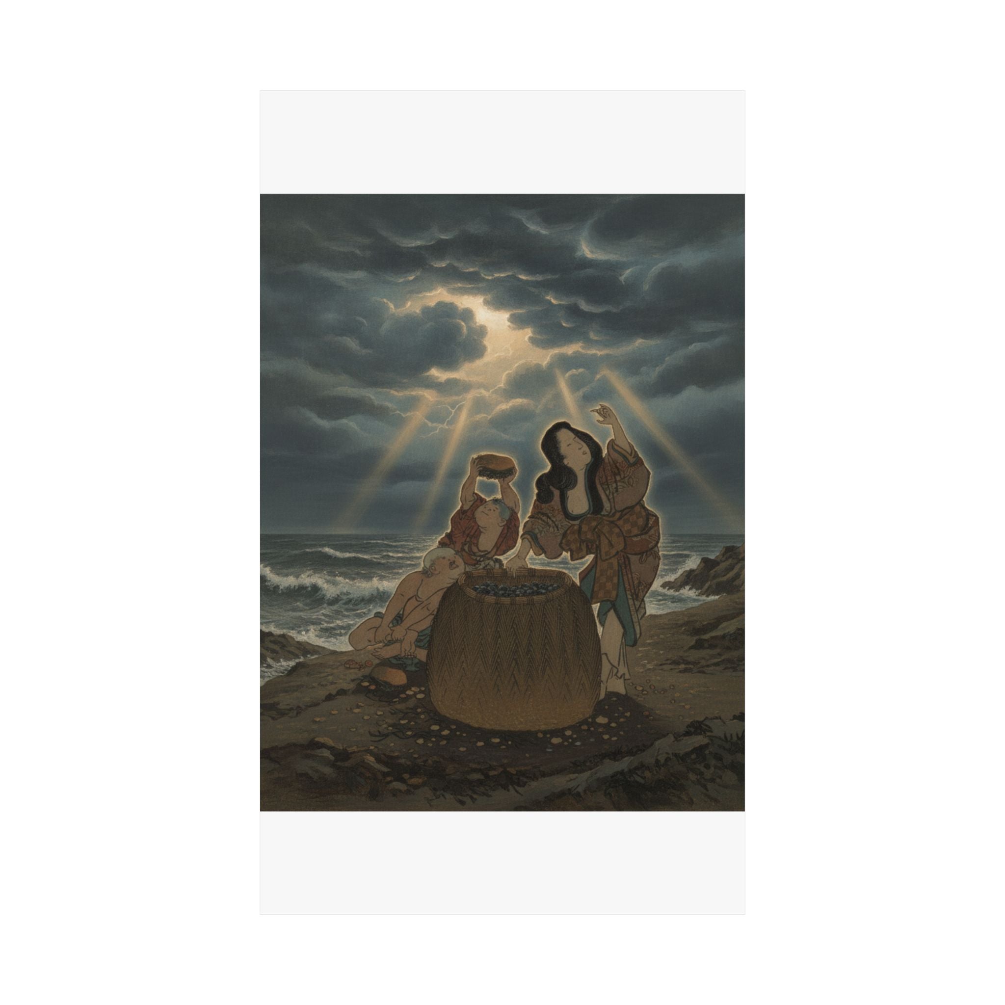 Dramatic Storm — Fisherwoman With A Basket And Two Boys — Matte Poster