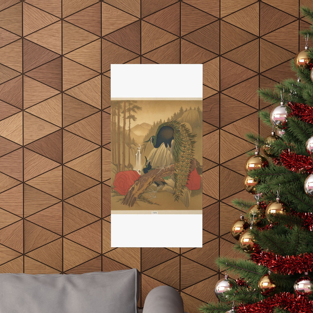 Scenic Nature — Painting Of Peacocks, Pines, A Waterfall, And A Roll Of Red Fabric — Matte Poster