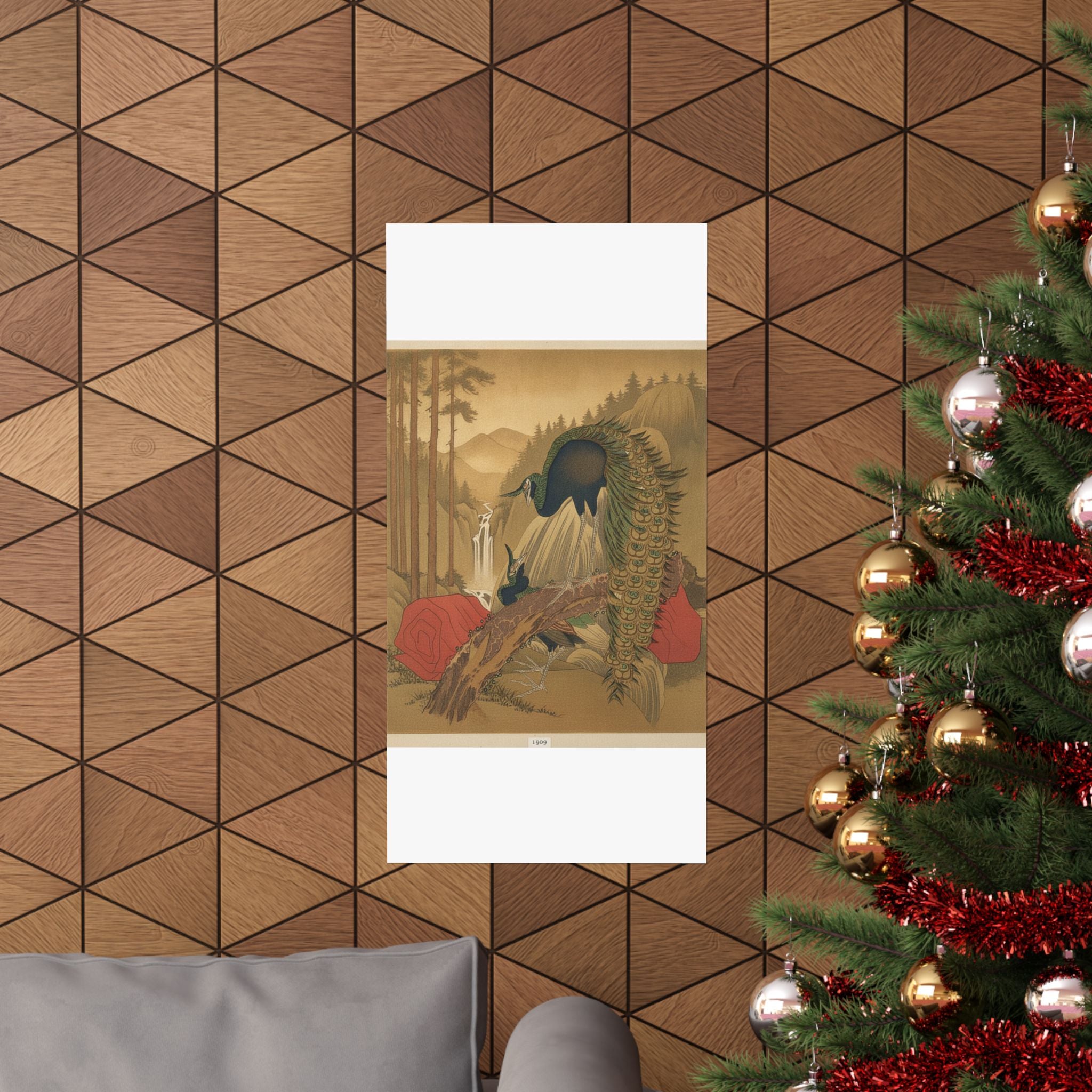 Scenic Nature — Painting Of Peacocks, Pines, A Waterfall, And A Roll Of Red Fabric — Matte Poster