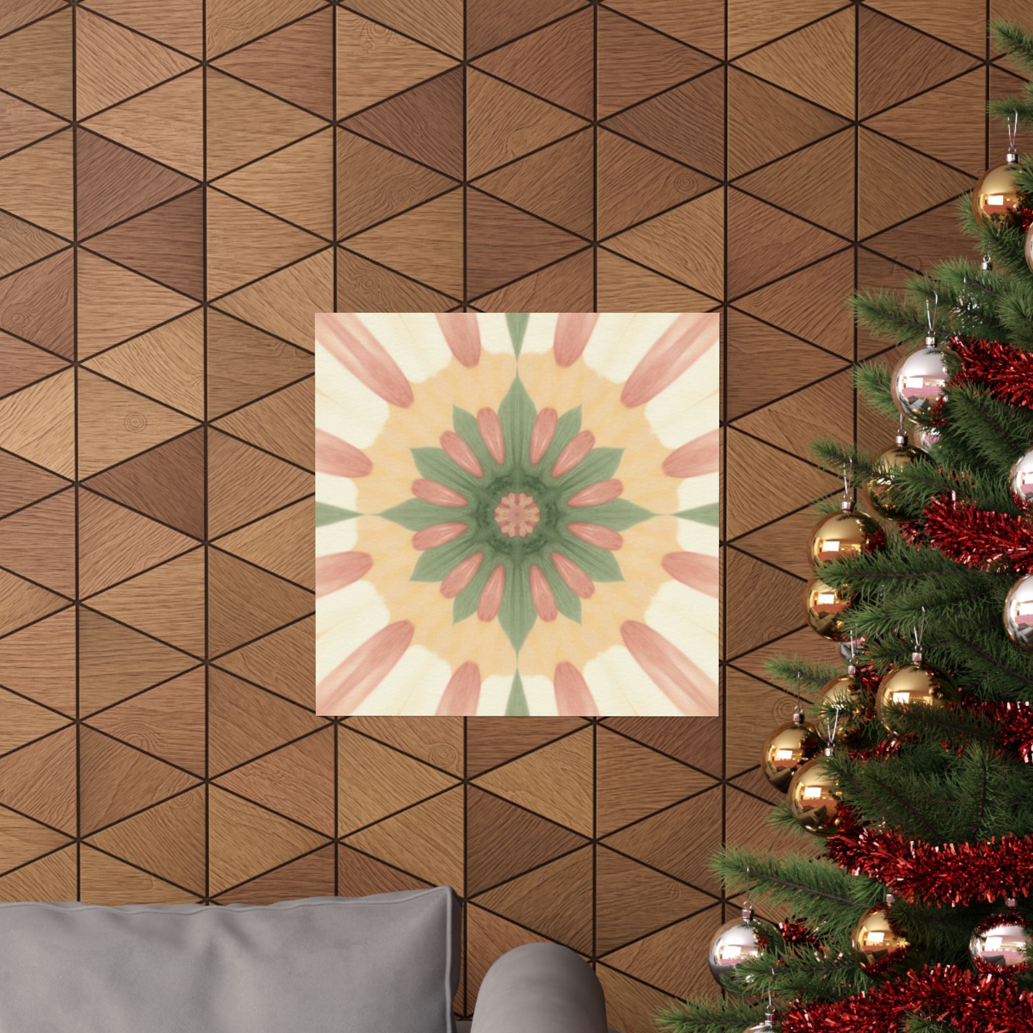 Peach and Sage Floral Kaleidoscope Mandala Poster