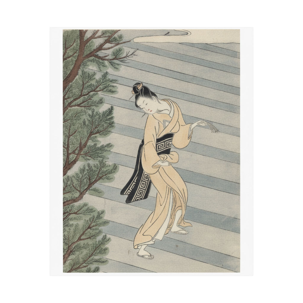 Watercolor — Young Woman Climbing Stone Stairs To A Shinto Temple — Matte Poster