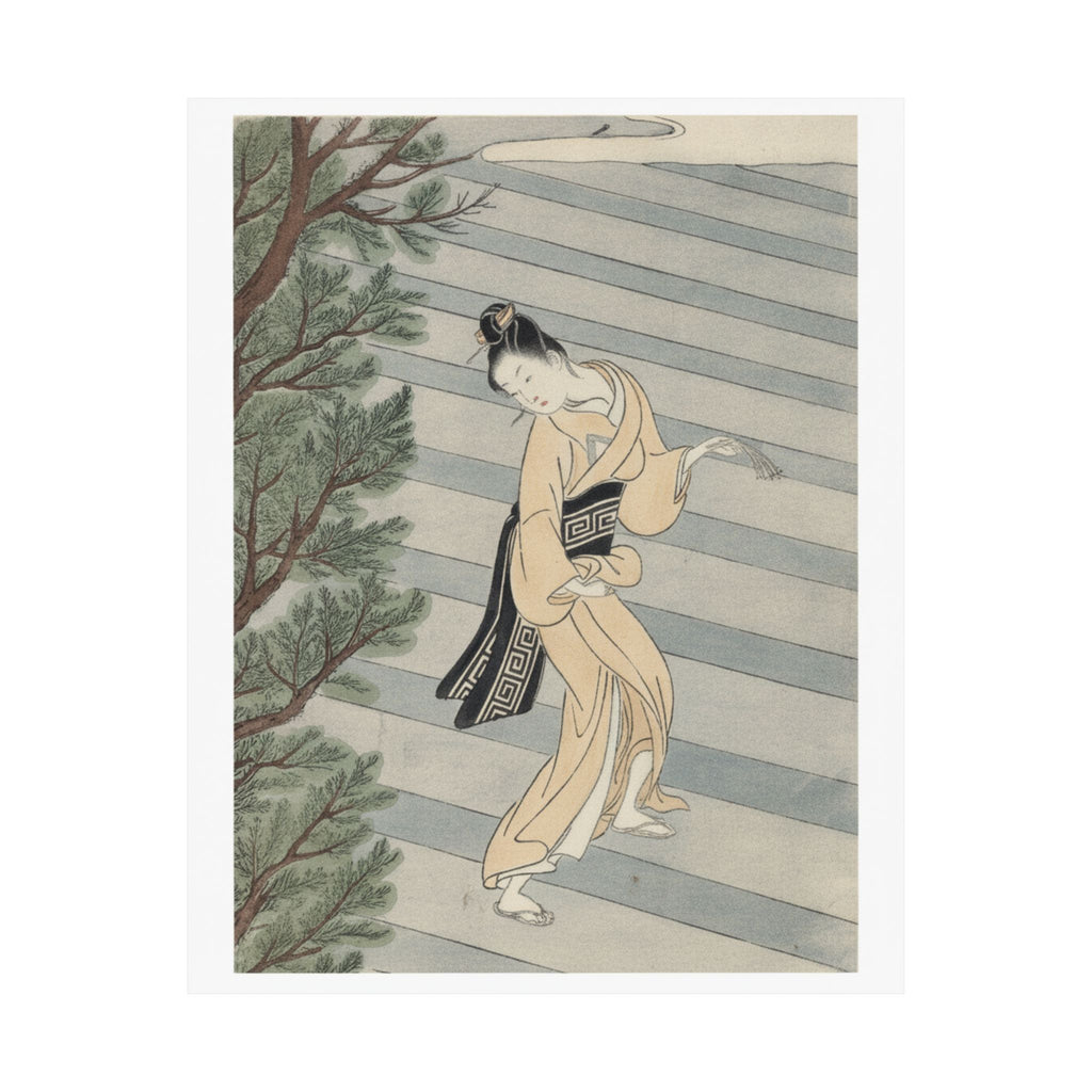 Watercolor — Young Woman Climbing Stone Stairs To A Shinto Temple — Matte Poster
