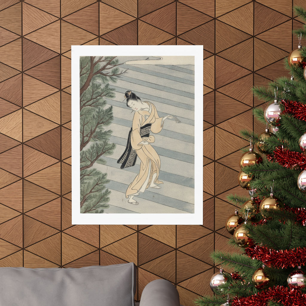 Watercolor — Young Woman Climbing Stone Stairs To A Shinto Temple — Matte Poster