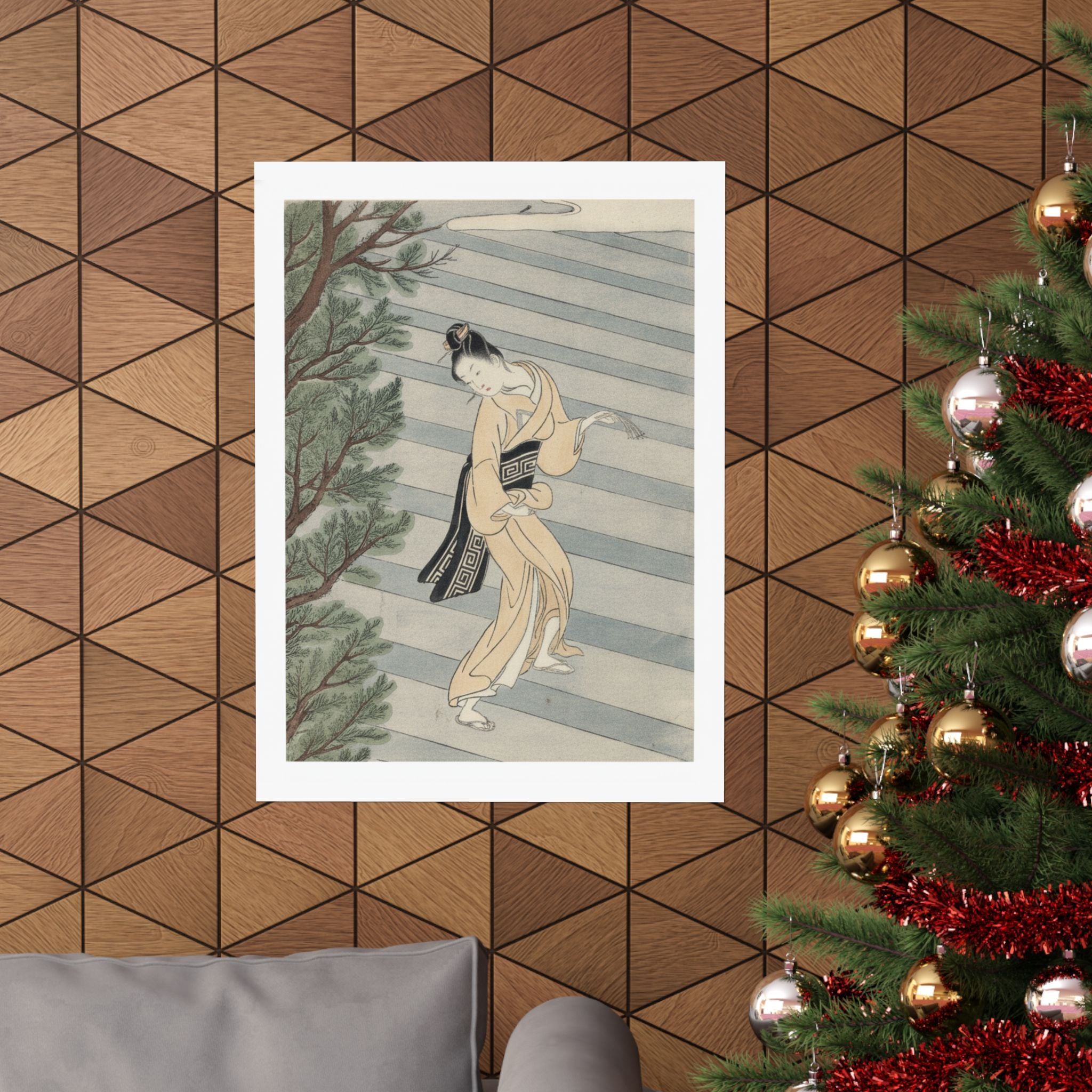 Watercolor — Young Woman Climbing Stone Stairs To A Shinto Temple — Matte Poster