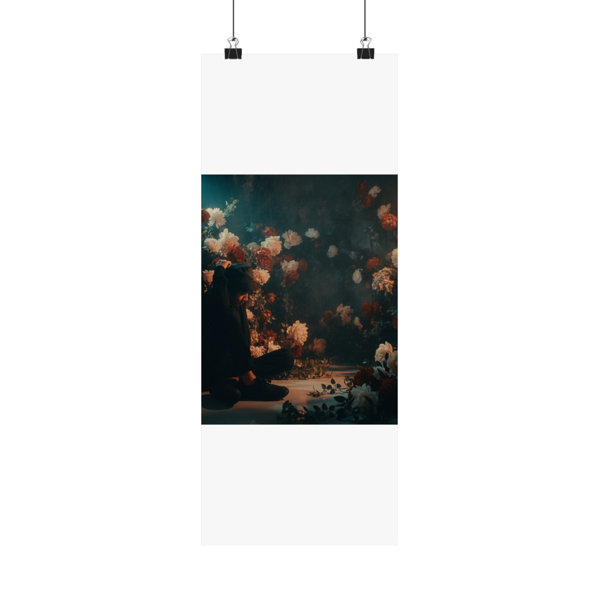 Kneeling Figure in Dark Rose Garden Moody Poster