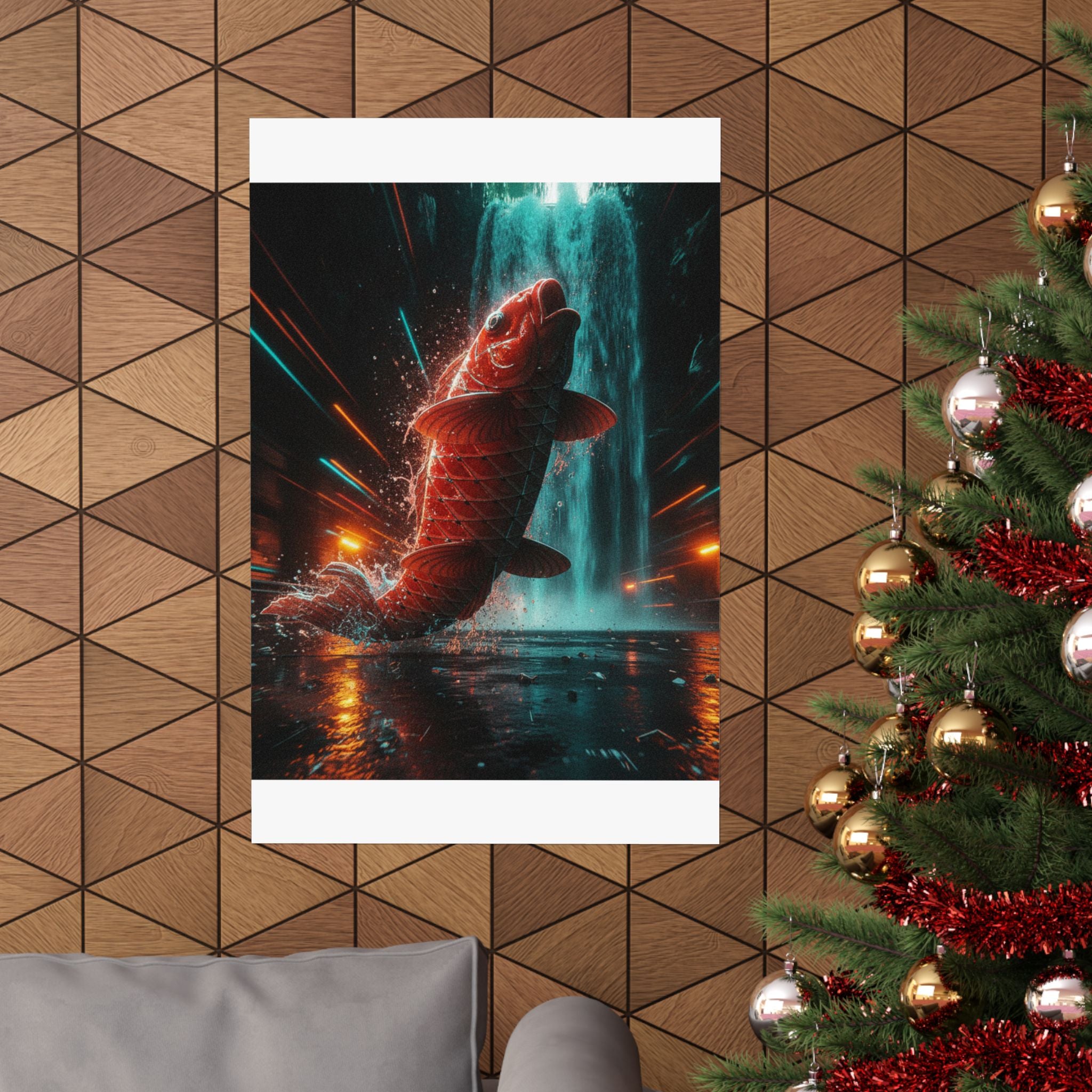Fast Furious — Red Carp Ascending A Waterfall — Matte Poster