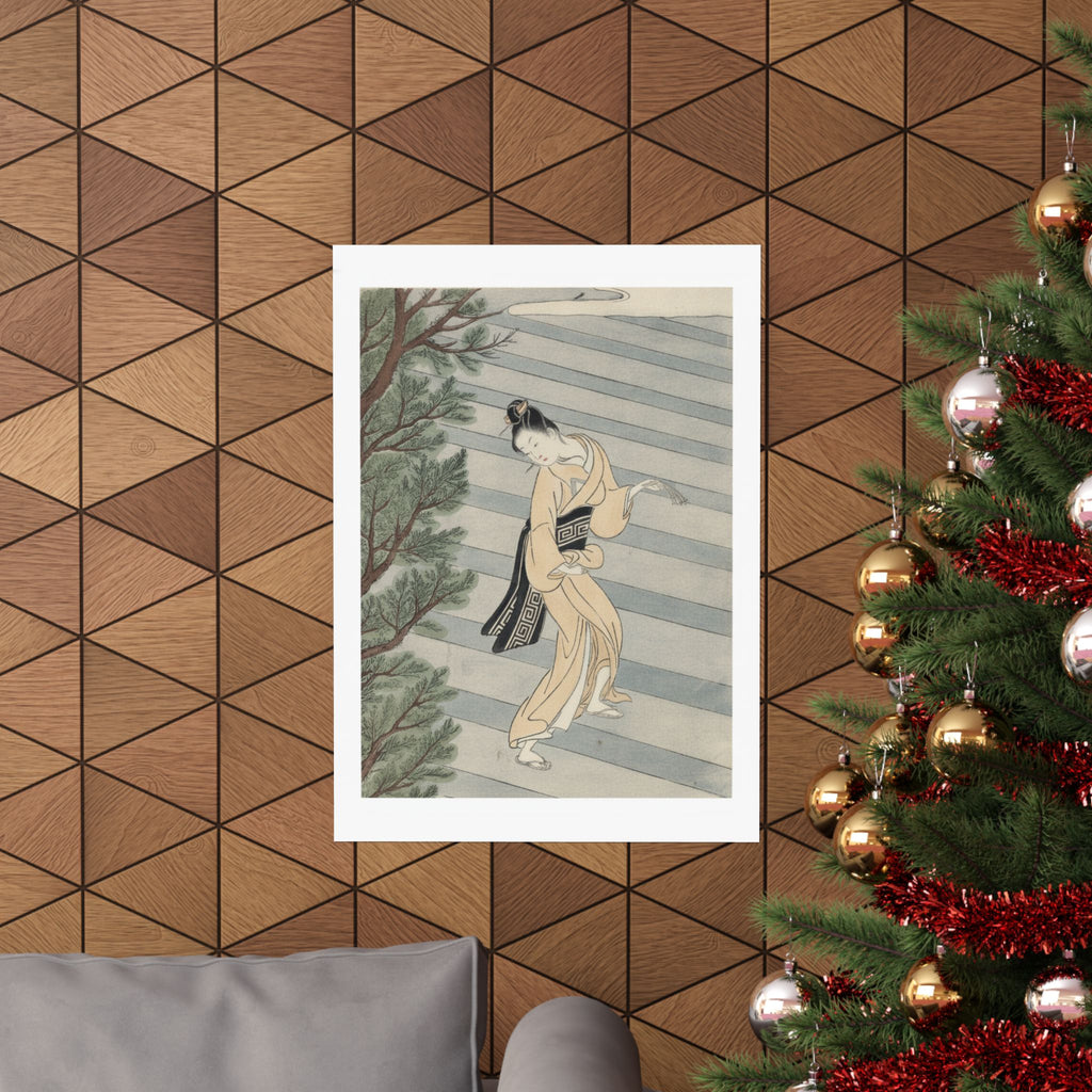 Watercolor — Young Woman Climbing Stone Stairs To A Shinto Temple — Matte Poster
