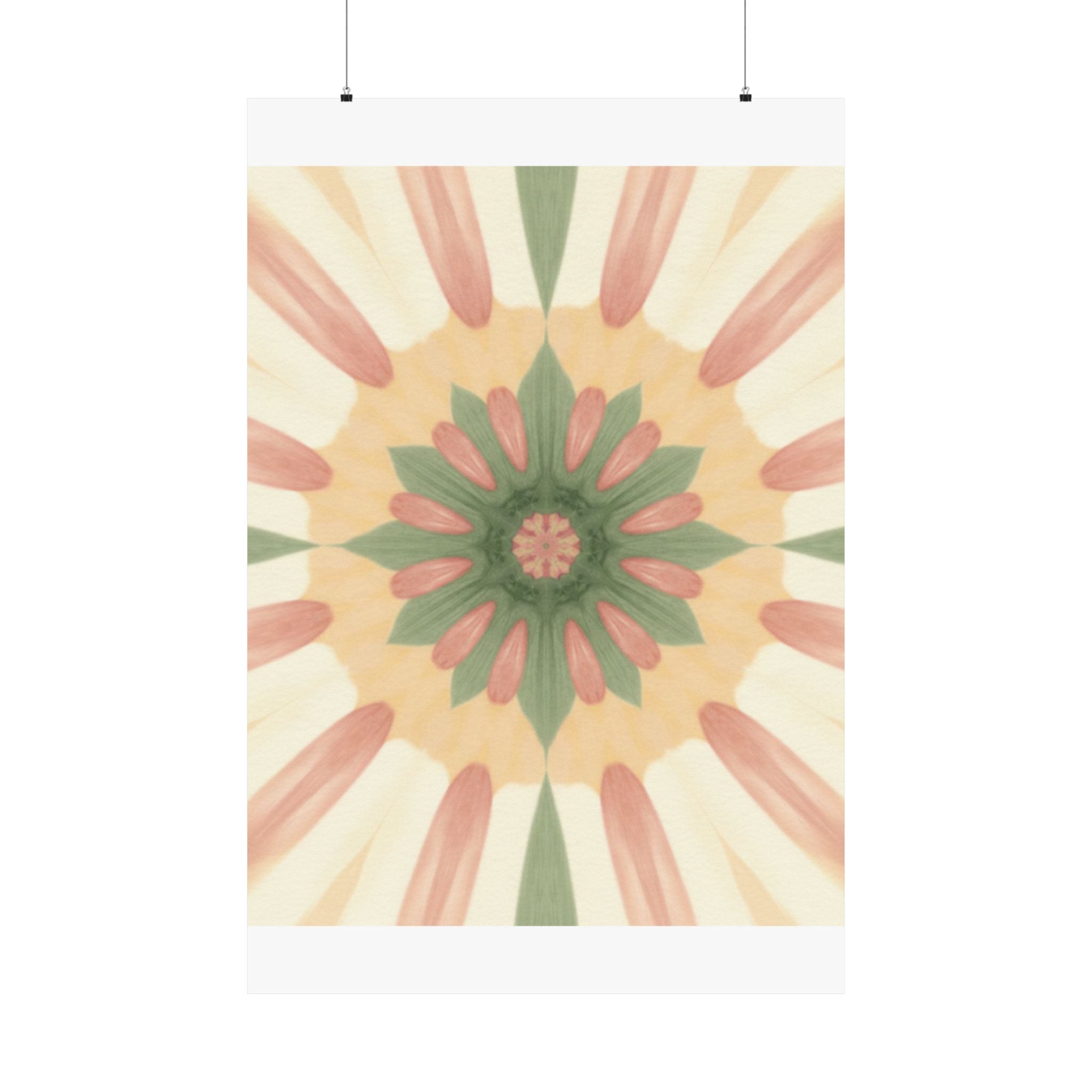 Peach and Sage Floral Kaleidoscope Mandala Poster