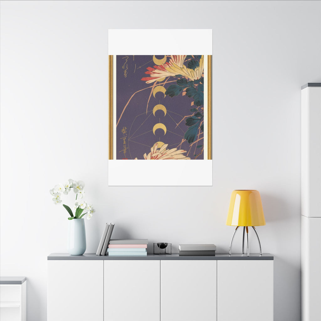 Chrysanthemum and Gold Moon Phases Woodblock Matte Canvas