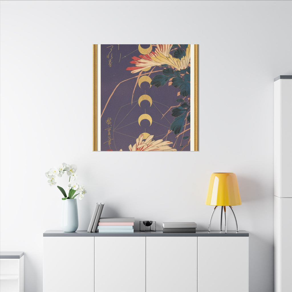 Chrysanthemum and Gold Moon Phases Woodblock Matte Canvas