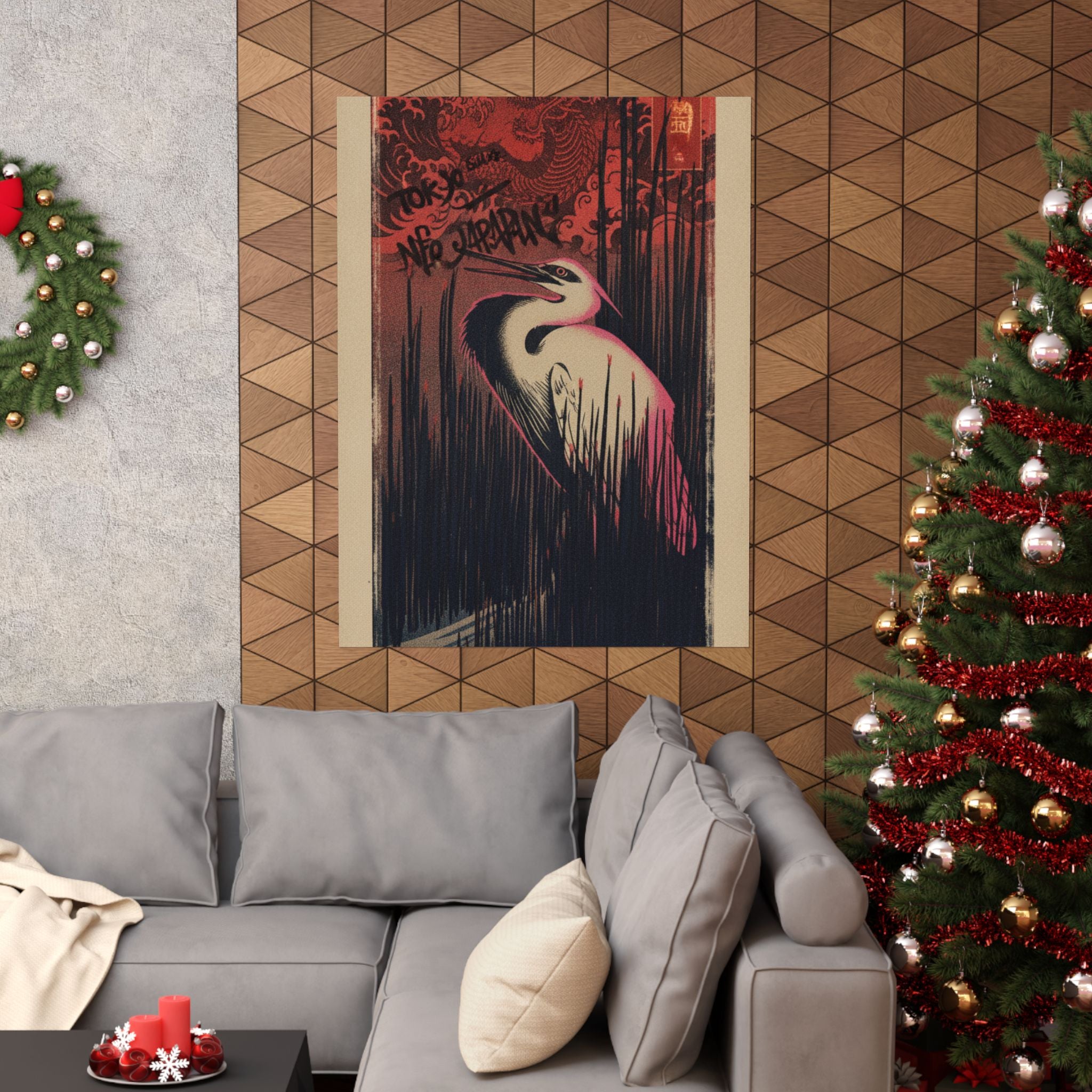 Japanese Street — White Heron Standing Among Reeds — Matte Poster