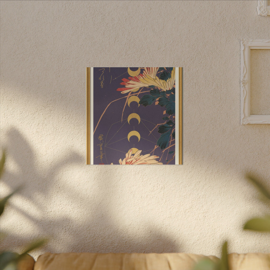 Chrysanthemum and Gold Moon Phases Woodblock Matte Canvas
