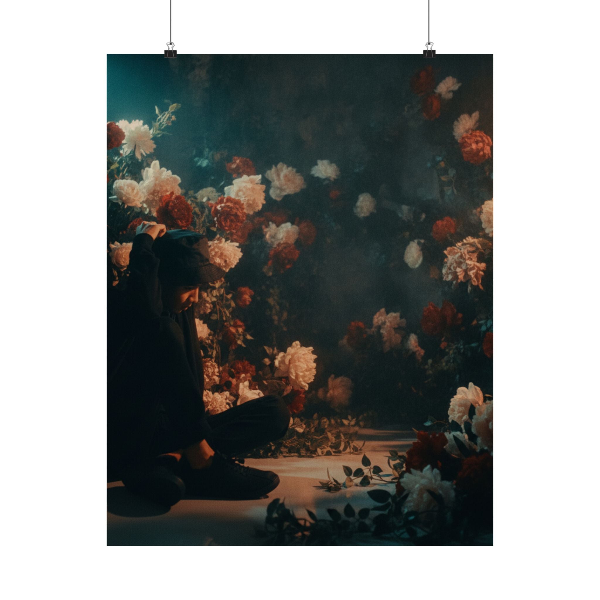 Kneeling Figure in Dark Rose Garden Moody Poster