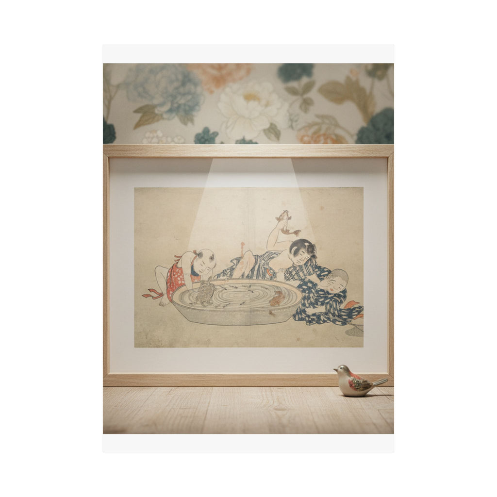 Product Marketing — Boys Playing With A Basin Of Fish And Turtles — Matte Poster