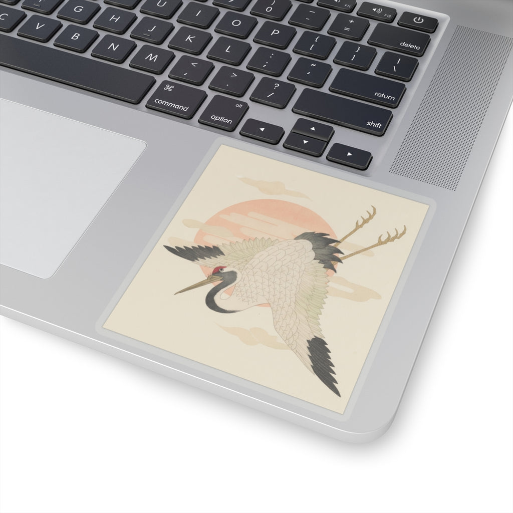 Botanical — White Crane Flying Across The Sun'S Disc — Kiss-Cut Sticker