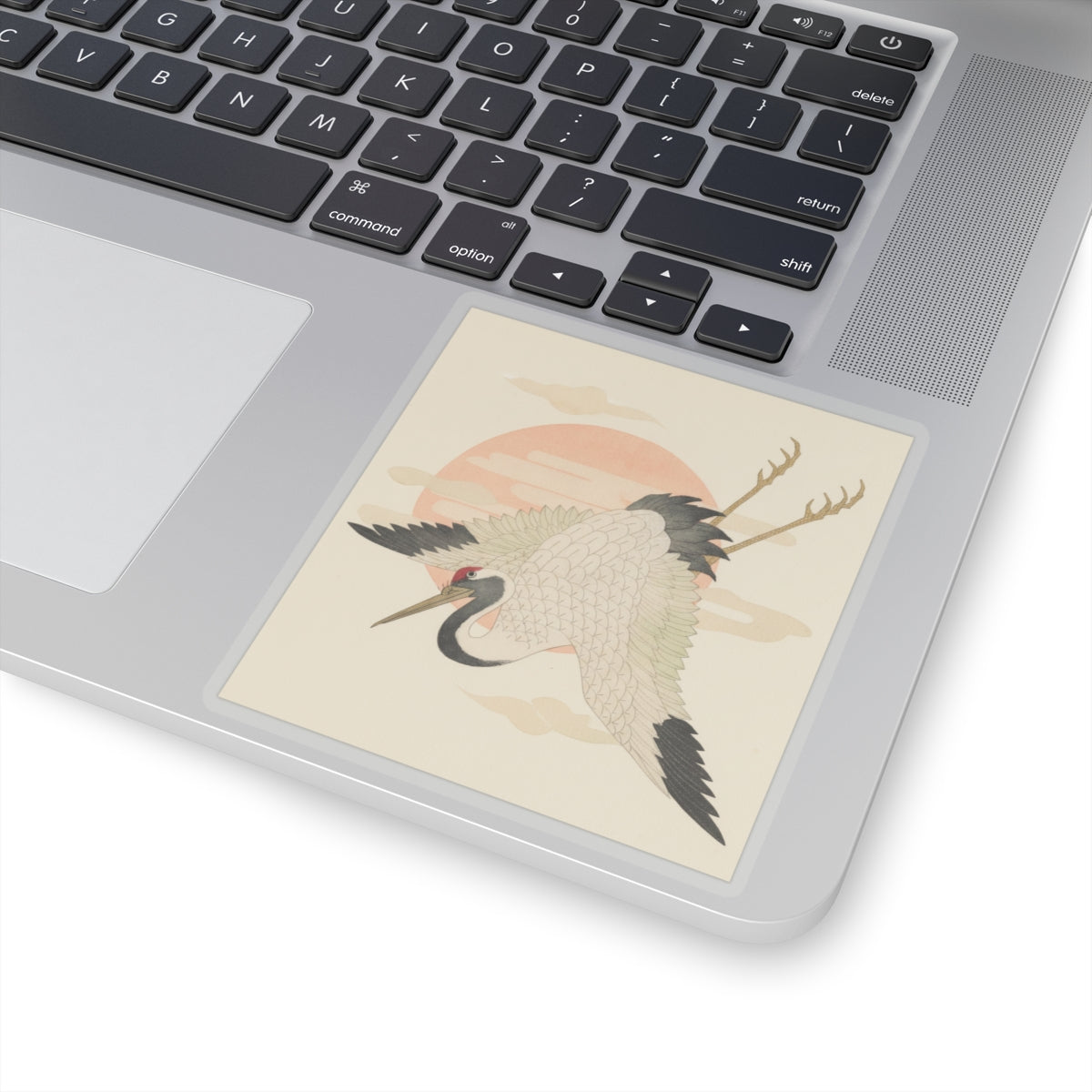 Botanical — White Crane Flying Across The Sun'S Disc — Kiss-Cut Sticker