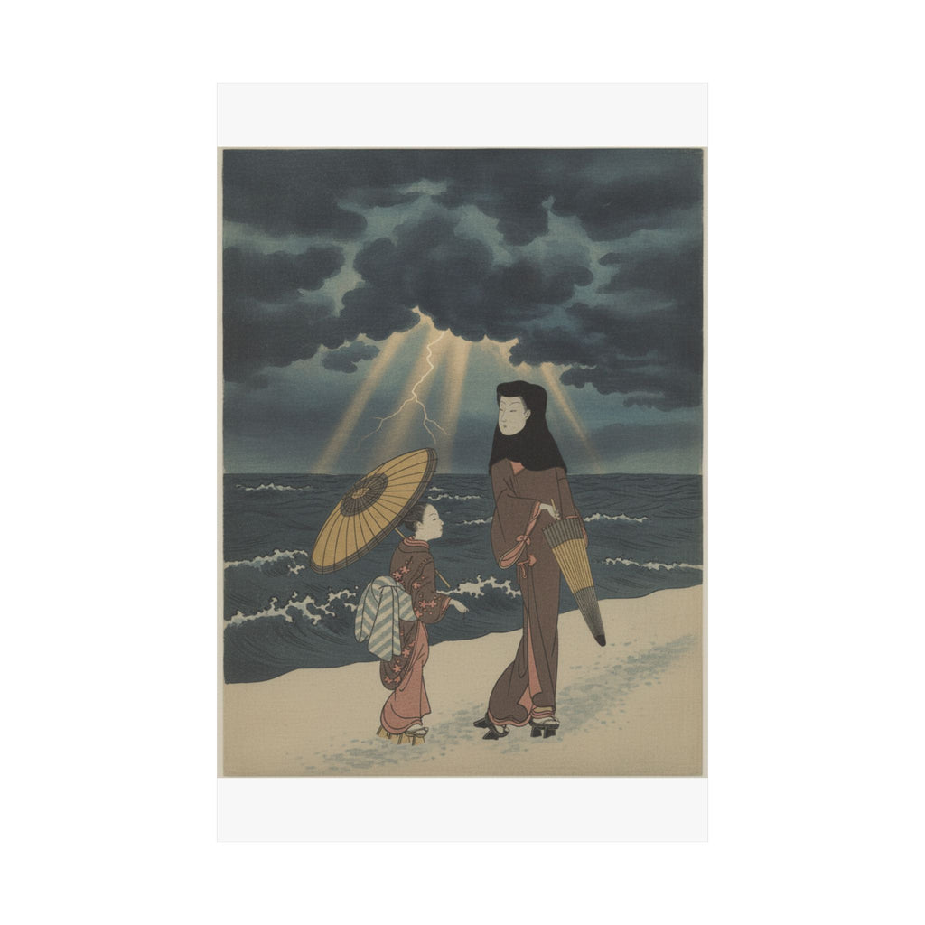 Dramatic Storm — Lady With Black Hood And Umbrella Out Walking With Young Attendant — Matte Poster