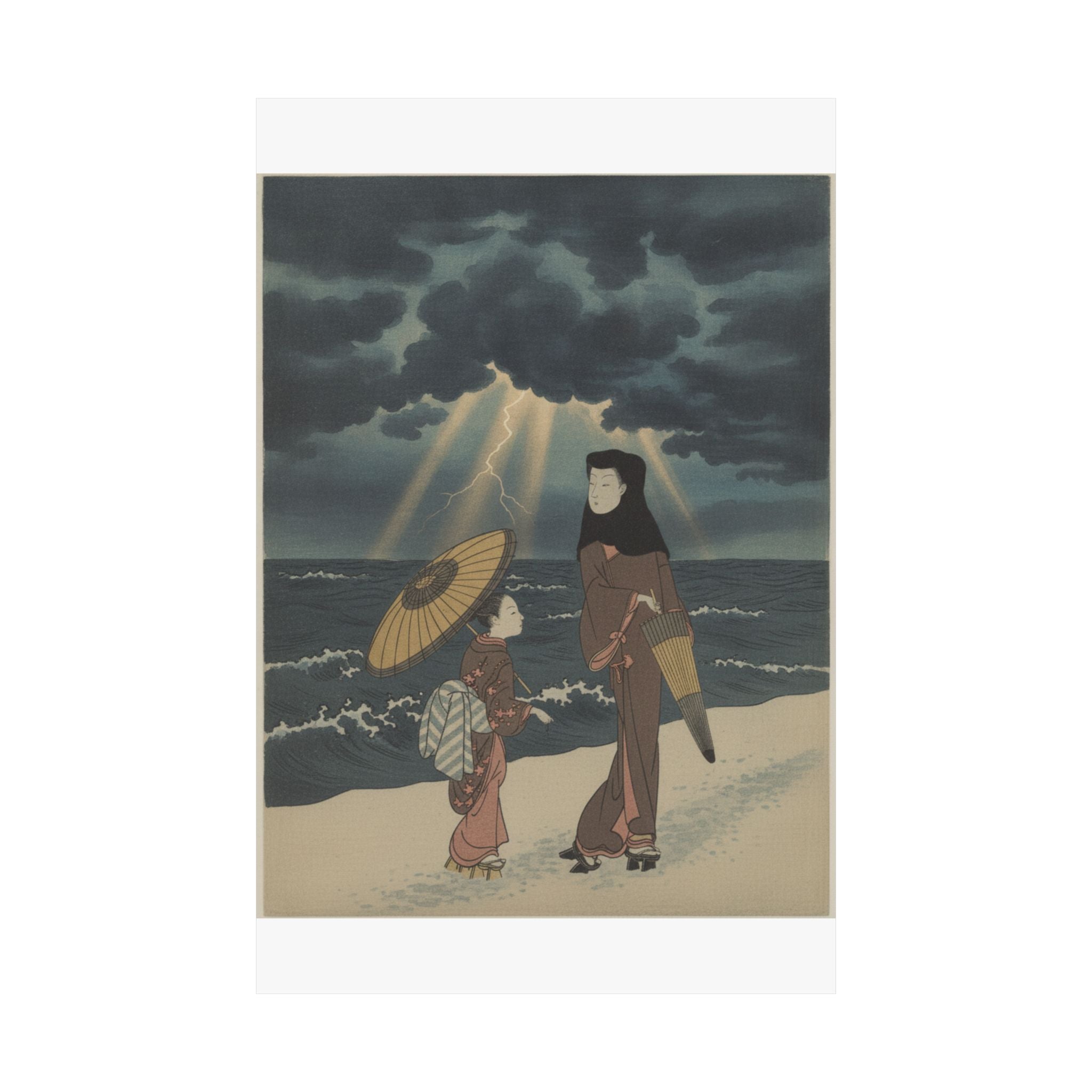Dramatic Storm — Lady With Black Hood And Umbrella Out Walking With Young Attendant — Matte Poster