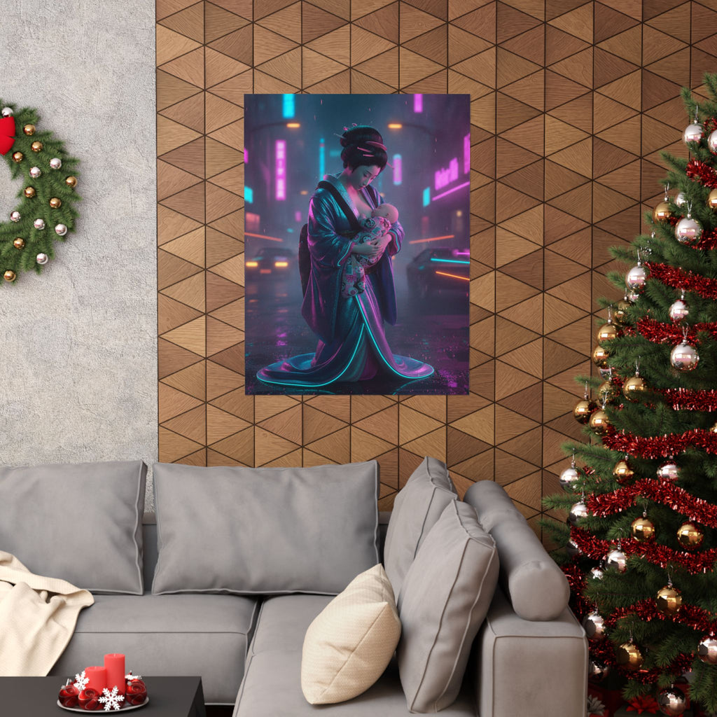 Neon Noir — Young Mother Nursing Her Baby — Matte Poster