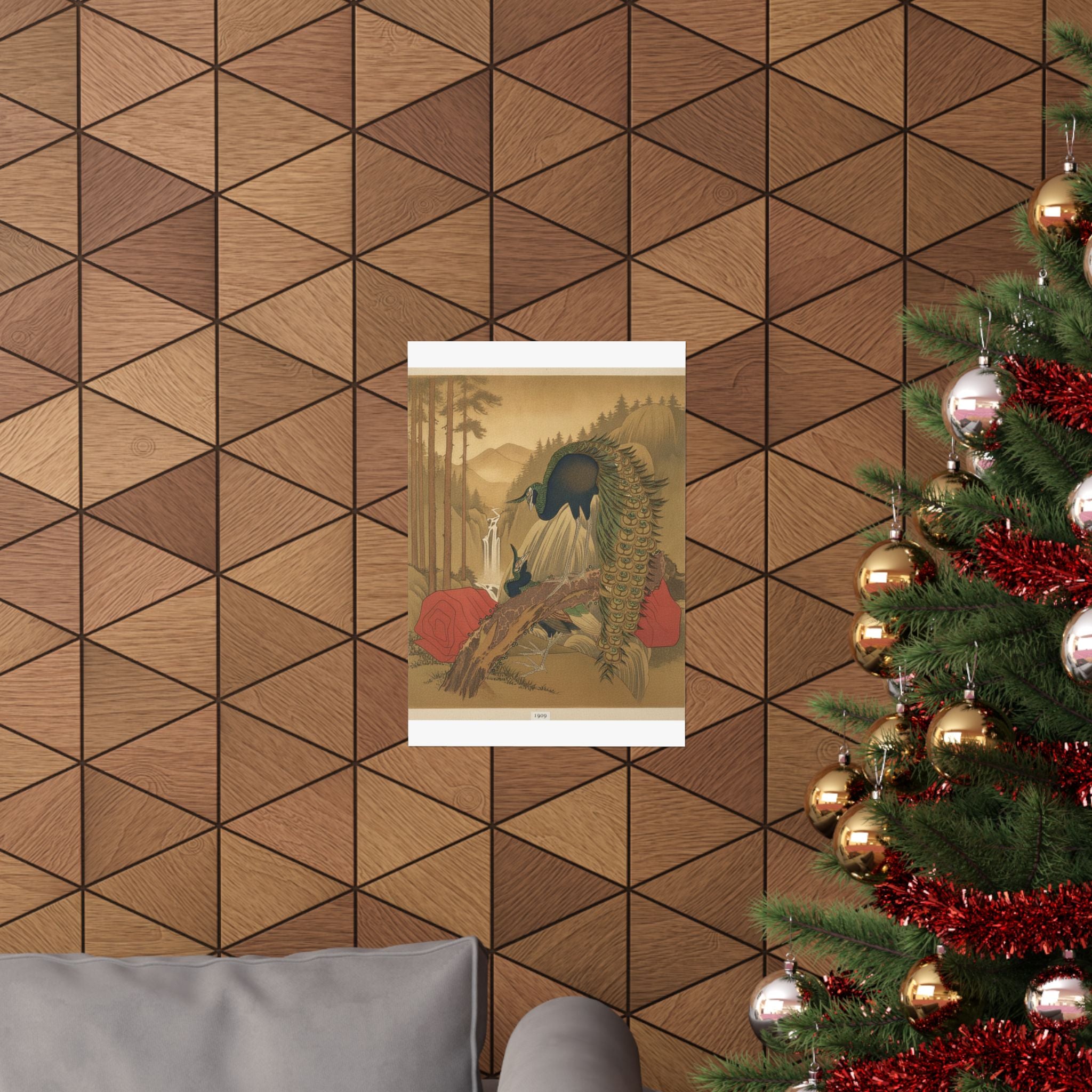 Scenic Nature — Painting Of Peacocks, Pines, A Waterfall, And A Roll Of Red Fabric — Matte Poster