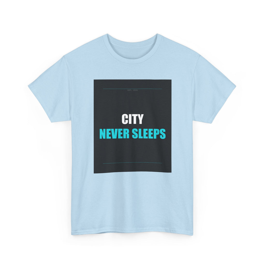 CITY NEVER SLEEPS Cyan Type on Charcoal Graphic Tee
