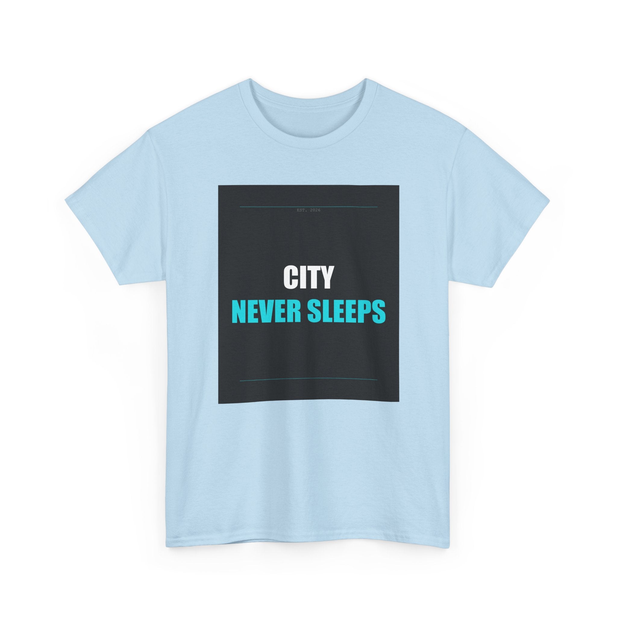 CITY NEVER SLEEPS Cyan Type on Charcoal Graphic Tee