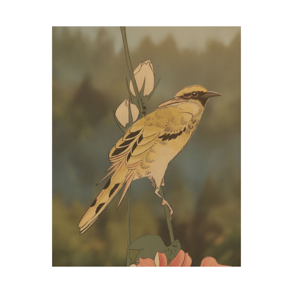 Scenic Nature — Black-Naped Oriole Perched On A Stem Of Rose Mallow — Matte Poster