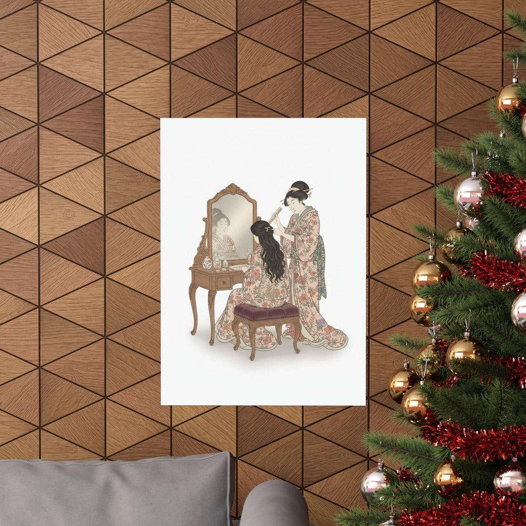 Ecommerce Main — A Woman At Her Toilet Seated Before A Mirror, Having Her Hair Combed By A Kameyu — Matte Poster