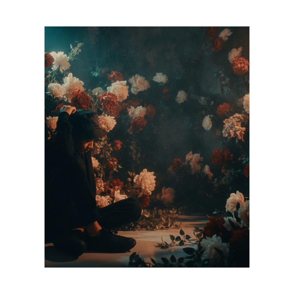 Kneeling Figure in Dark Rose Garden Moody Poster