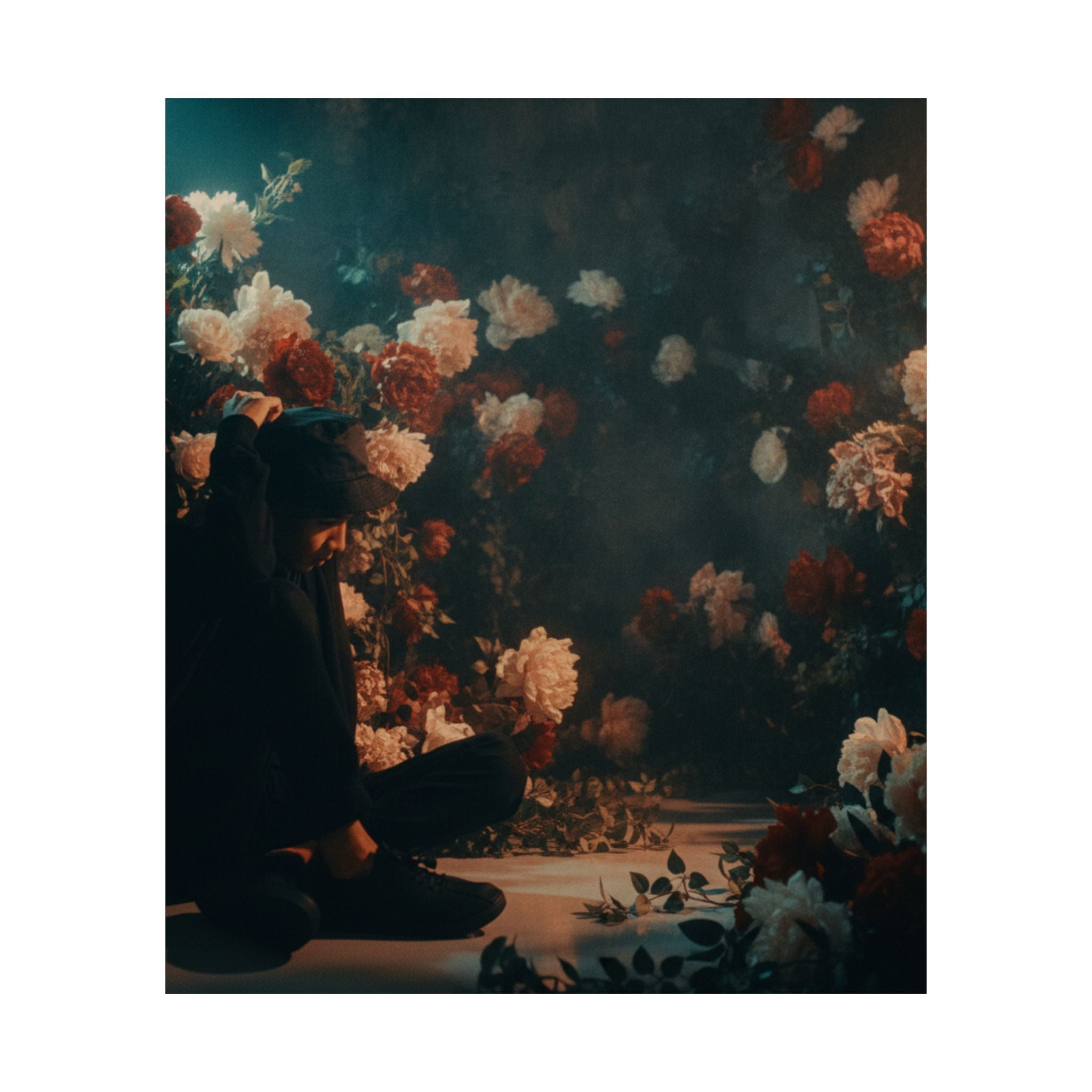 Kneeling Figure in Dark Rose Garden Moody Poster