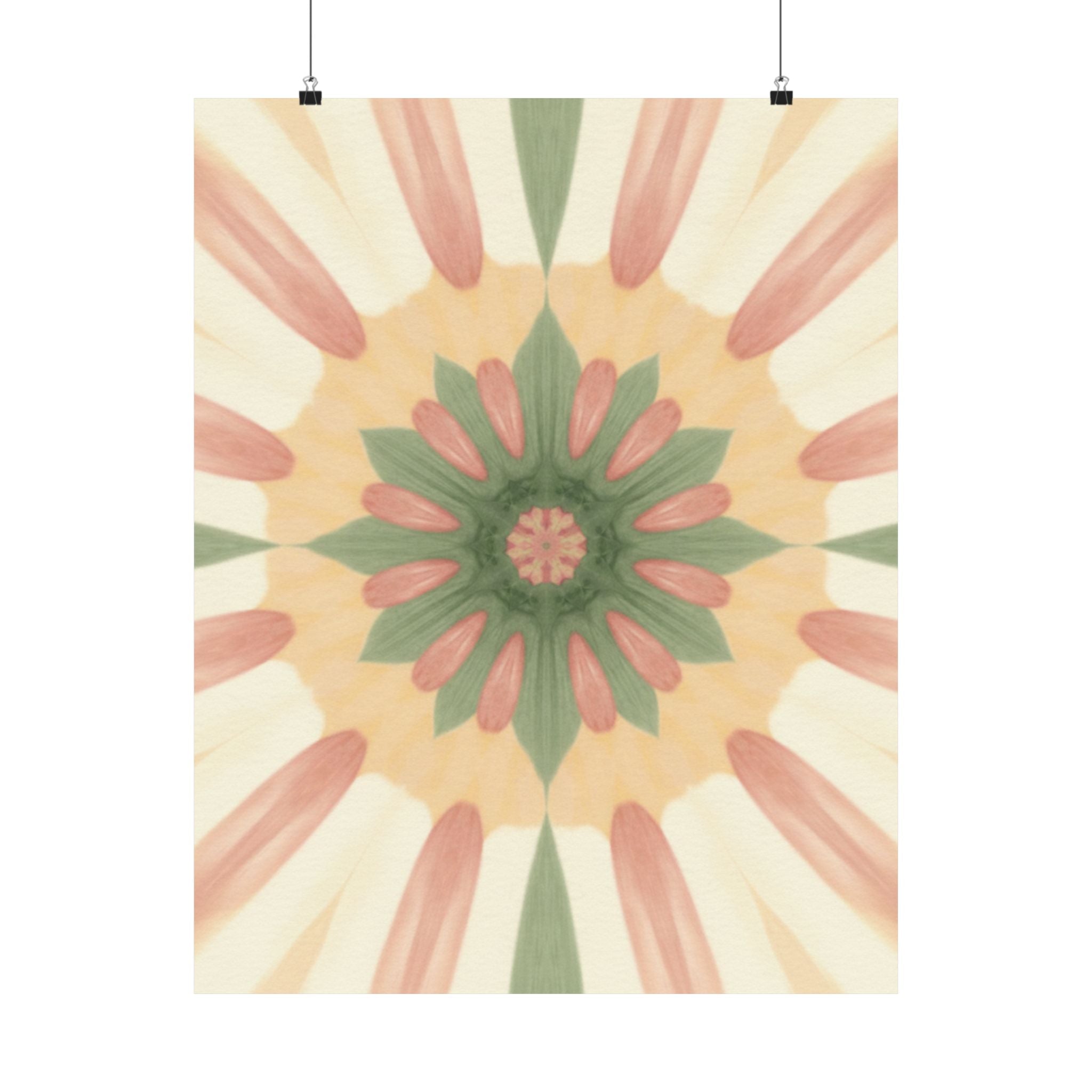 Peach and Sage Floral Kaleidoscope Mandala Poster