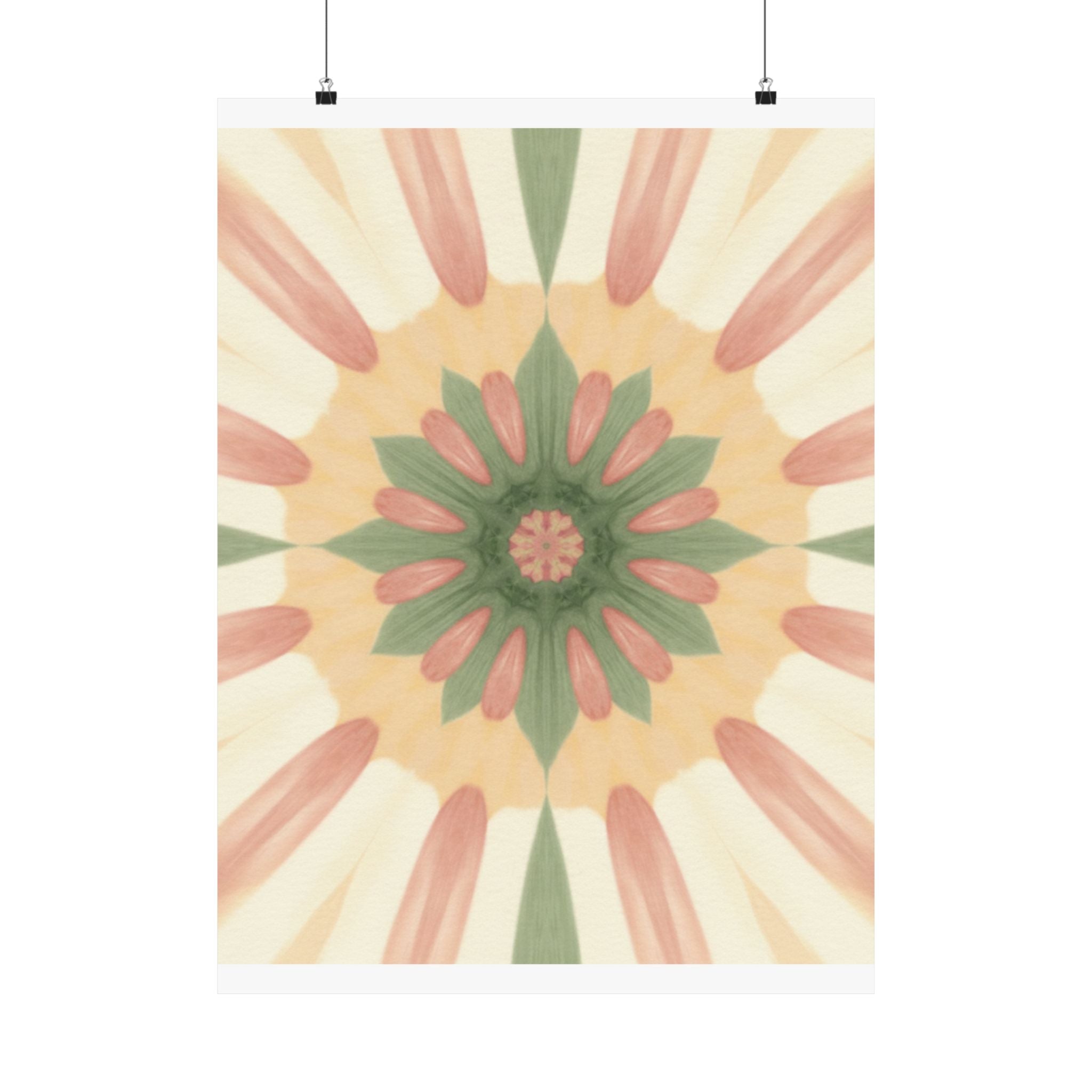 Peach and Sage Floral Kaleidoscope Mandala Poster