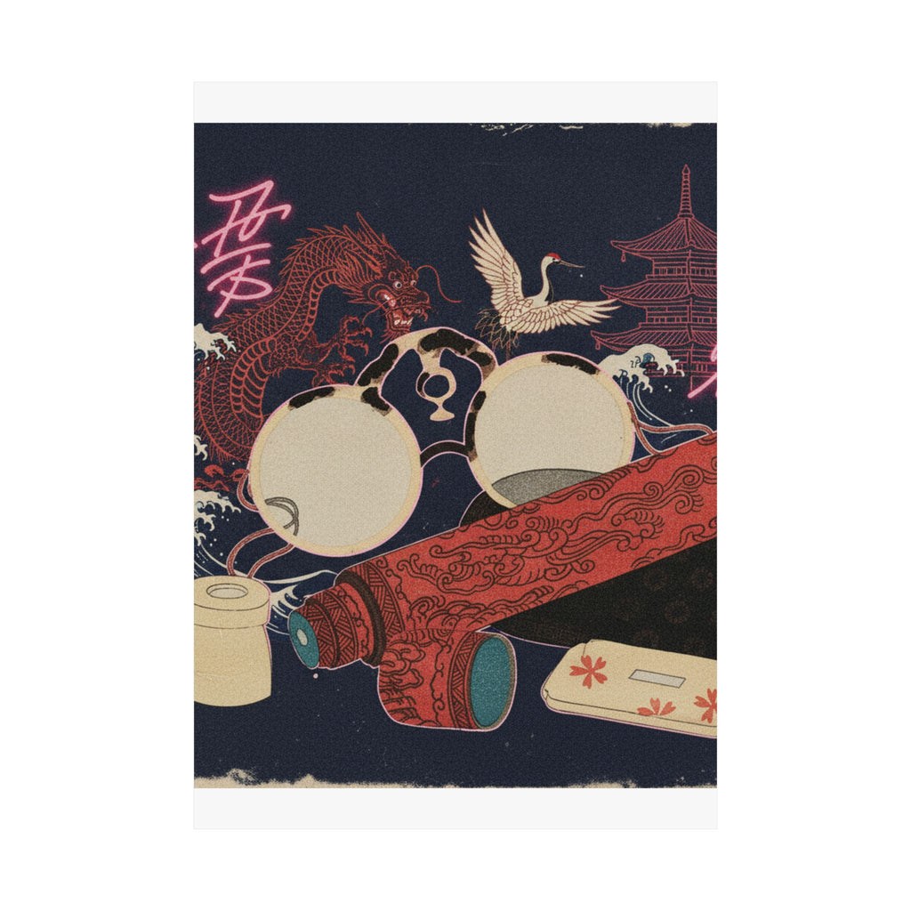 Japanese Street — Spectacles And Telescope With Cases — Matte Poster
