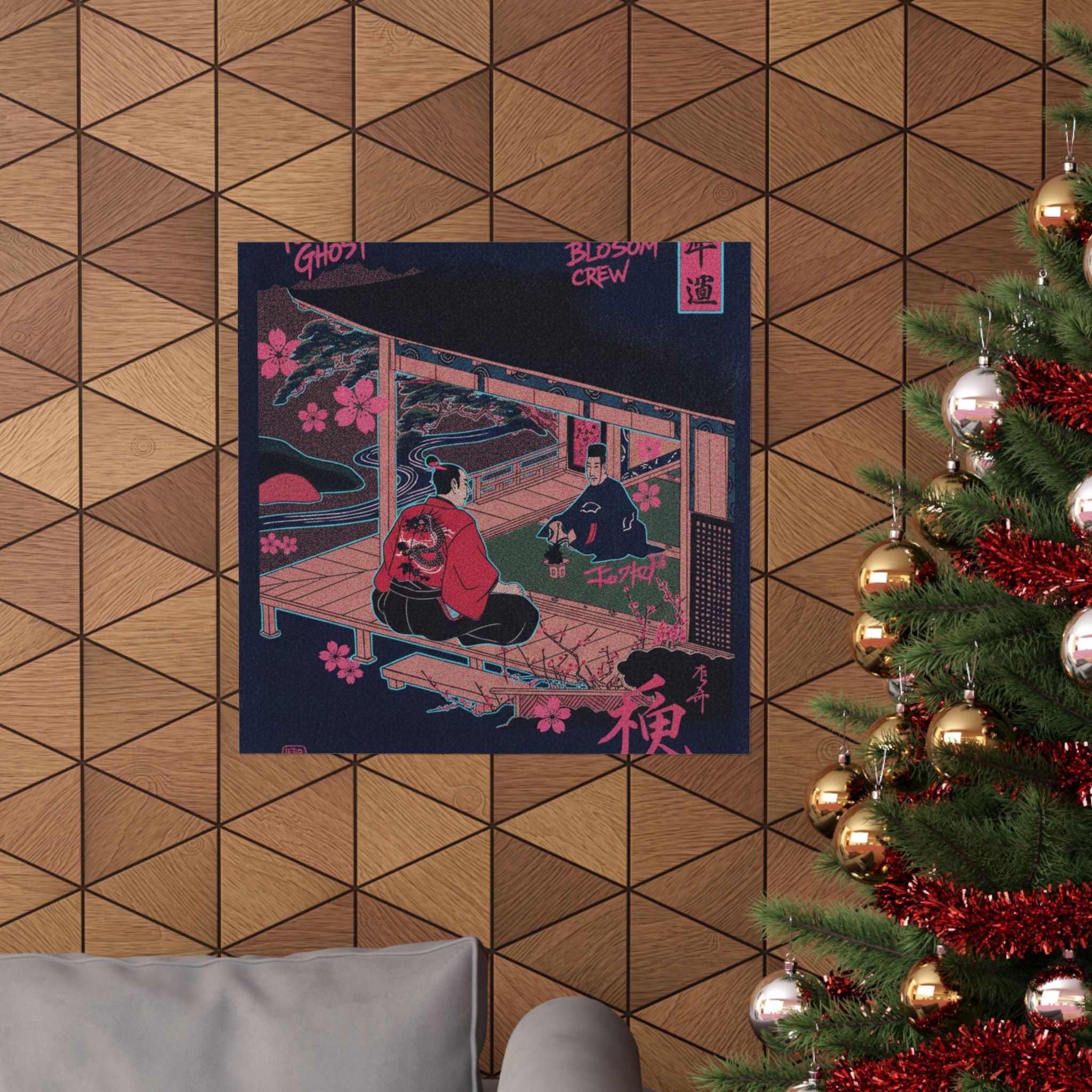 Japanese Street — Samurai Admiring Pine-Tree And Plum Blossoms — Matte Poster