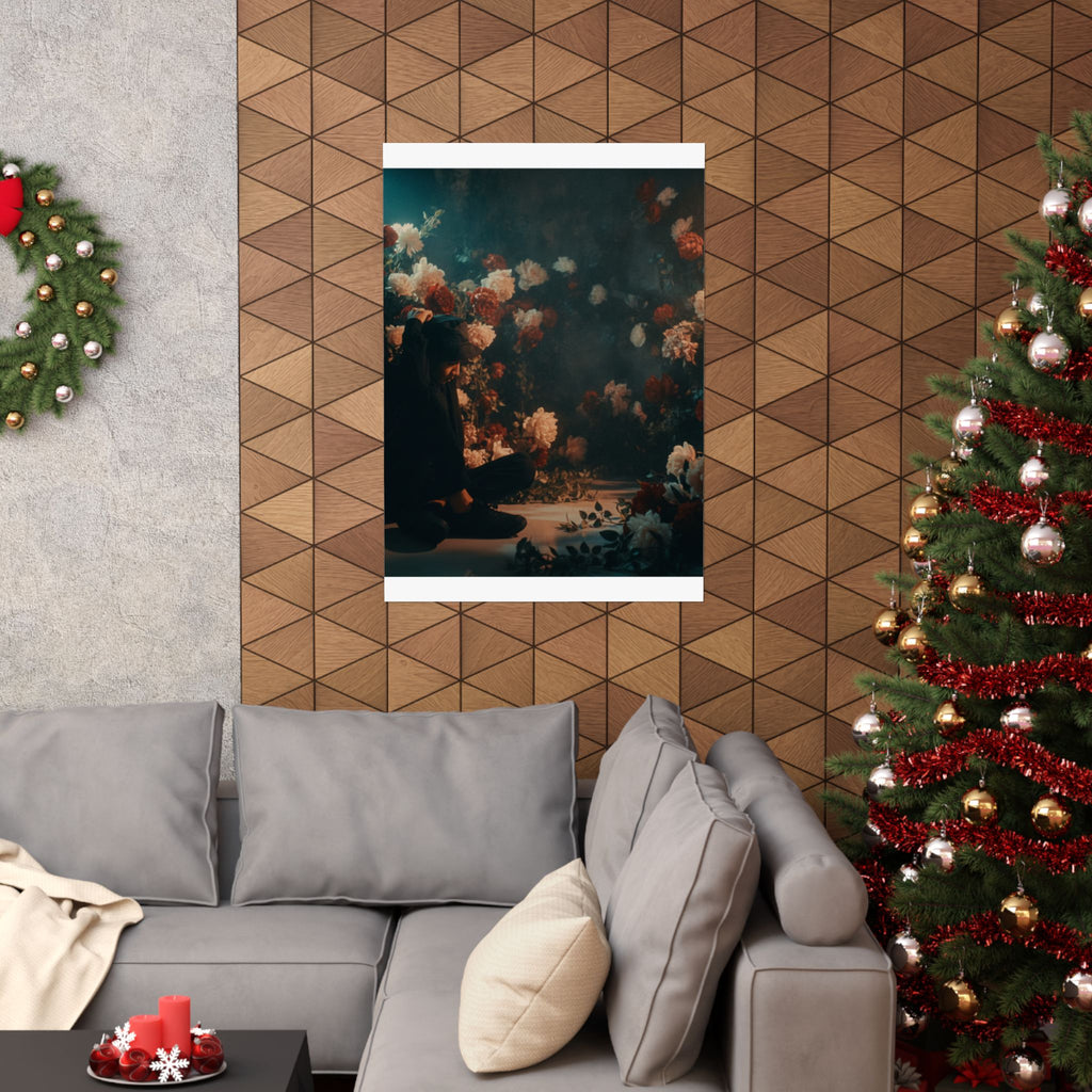 Kneeling Figure in Dark Rose Garden Moody Poster
