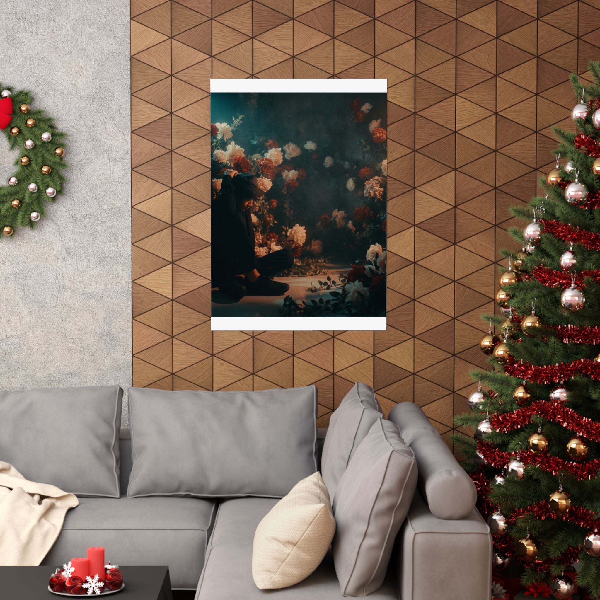 Kneeling Figure in Dark Rose Garden Moody Poster