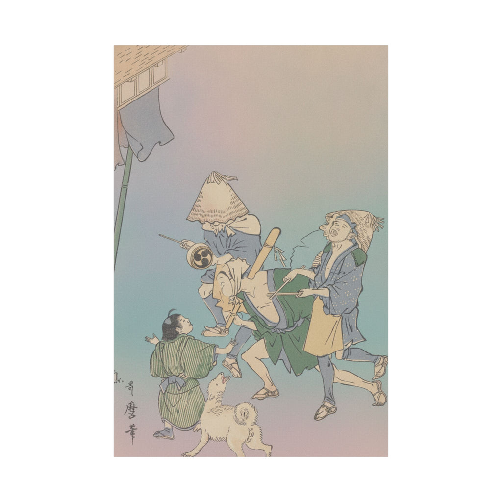 Affirmation — Three Revelers Of The Lower Classes, Wearing Komuso Hats, With Small Boy And Dog — Matte Poster