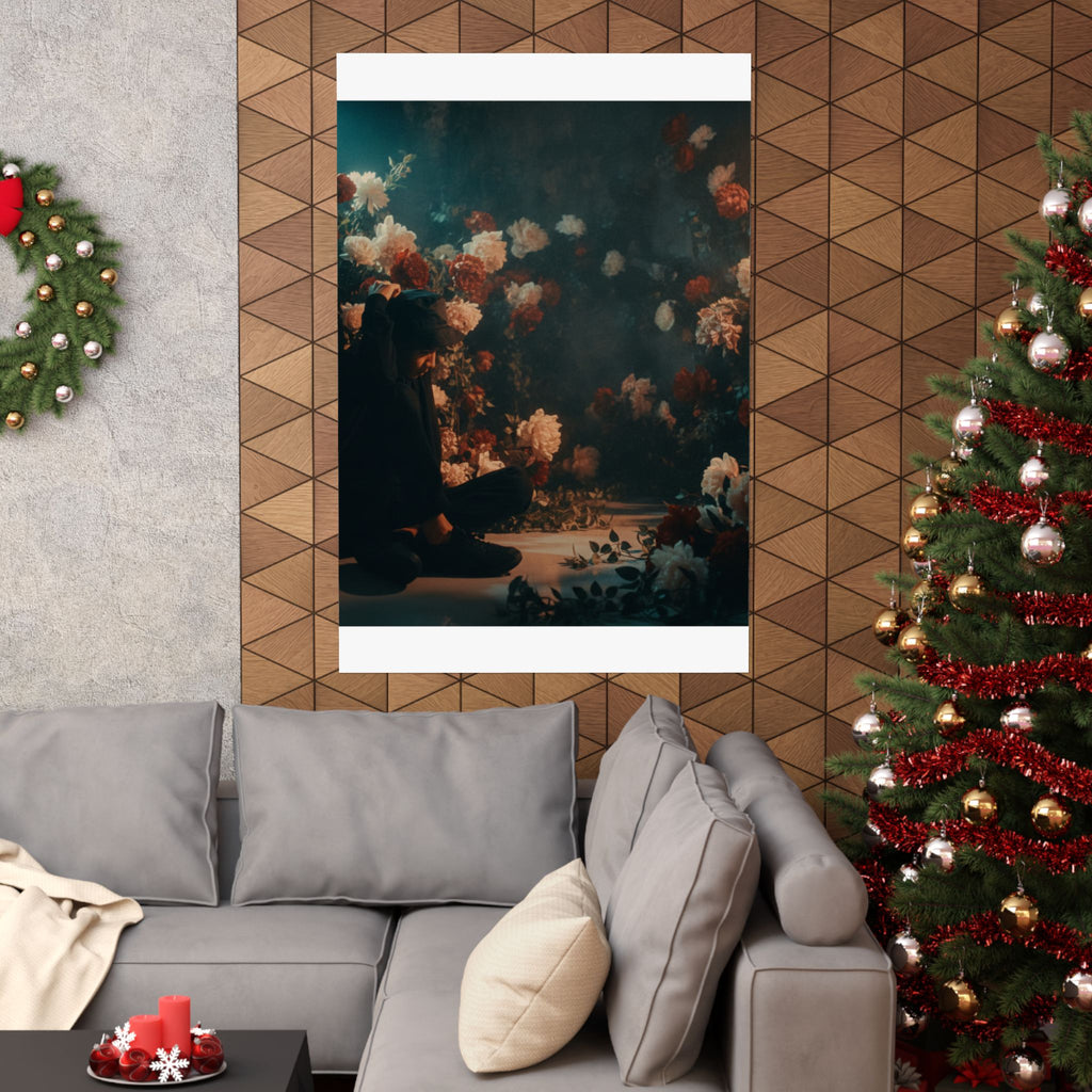 Kneeling Figure in Dark Rose Garden Moody Poster