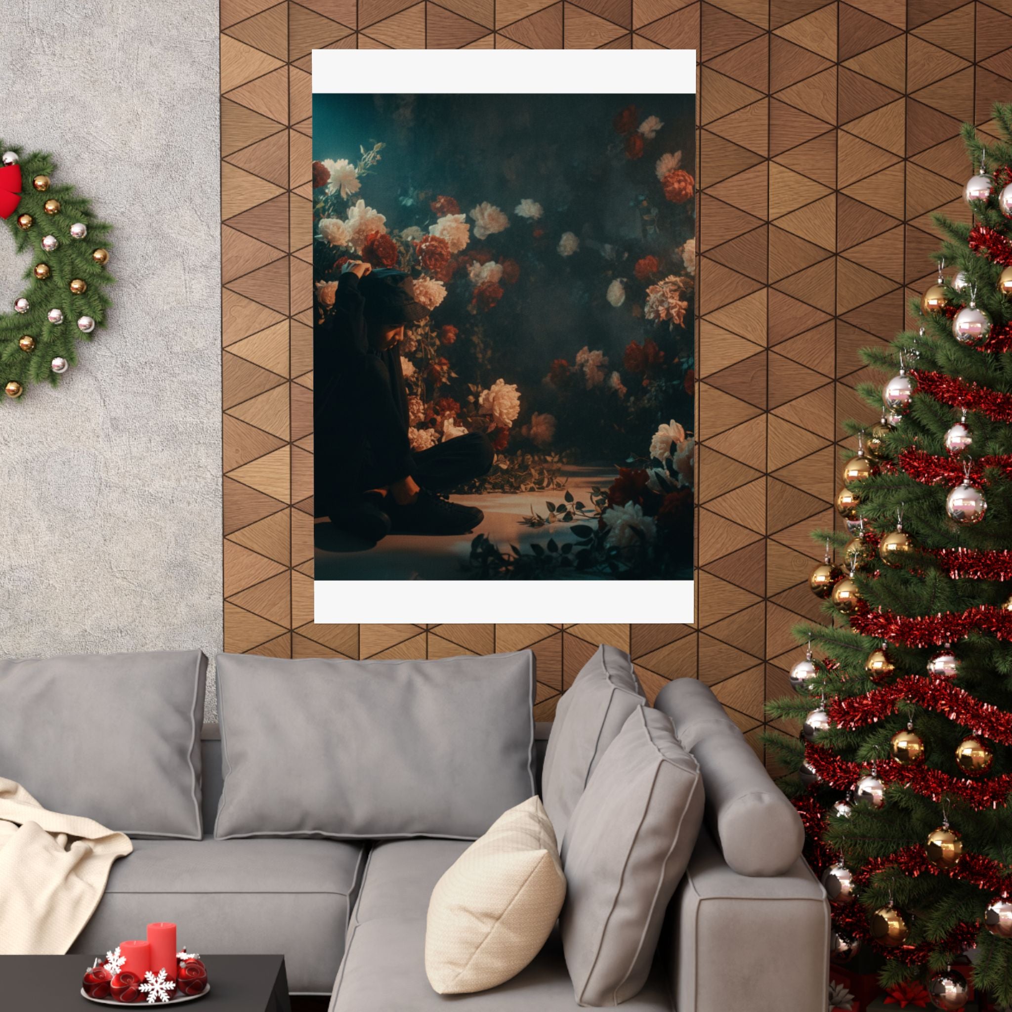 Kneeling Figure in Dark Rose Garden Moody Poster