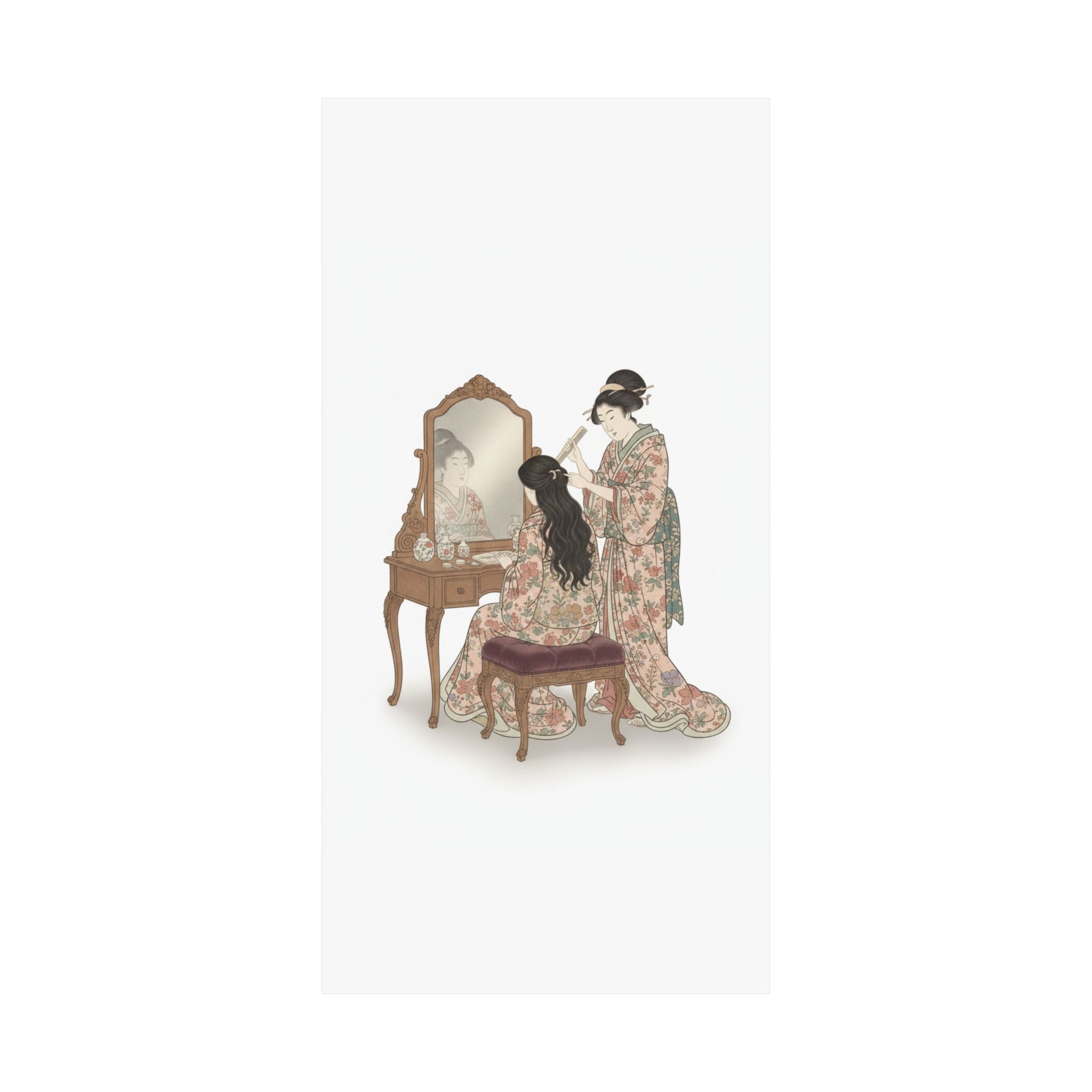 Ecommerce Main — A Woman At Her Toilet Seated Before A Mirror, Having Her Hair Combed By A Kameyu — Matte Poster