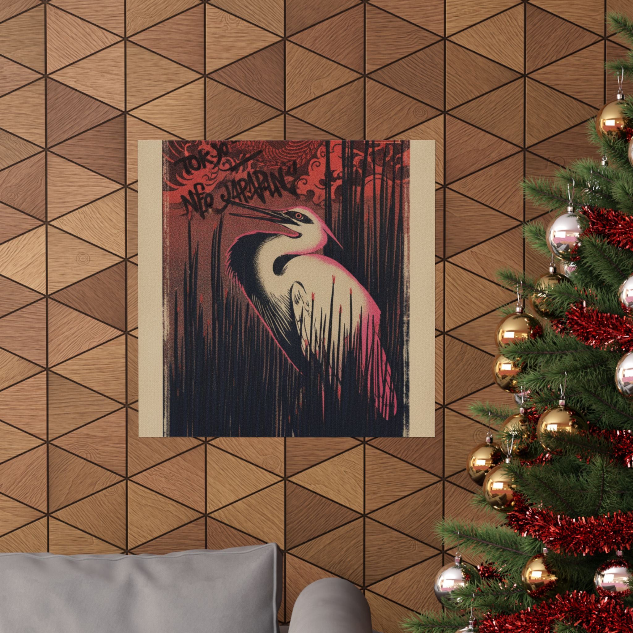 Japanese Street — White Heron Standing Among Reeds — Matte Poster