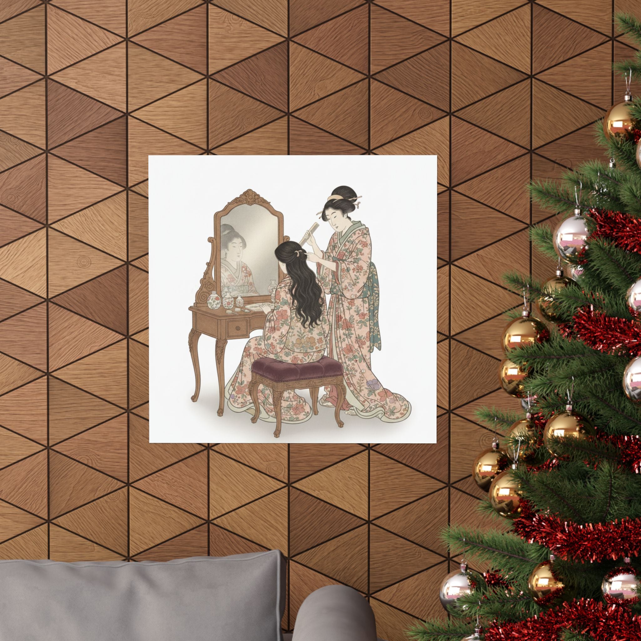 Ecommerce Main — A Woman At Her Toilet Seated Before A Mirror, Having Her Hair Combed By A Kameyu — Matte Poster