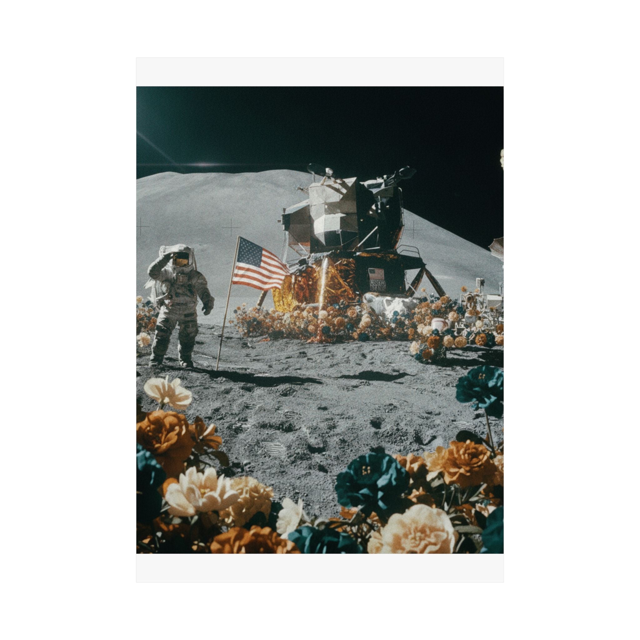 Astronaut Moon Landing in Bloom Surreal Space Poster