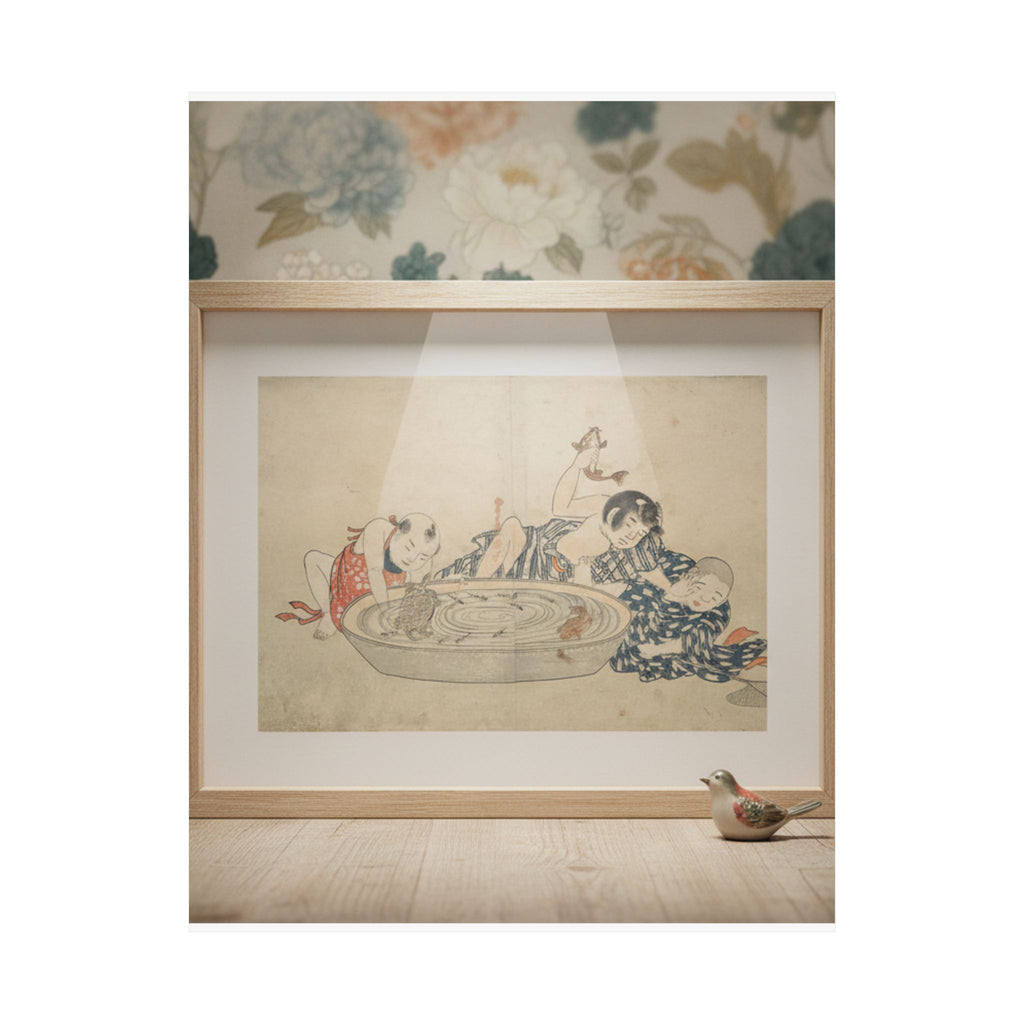Product Marketing — Boys Playing With A Basin Of Fish And Turtles — Matte Poster